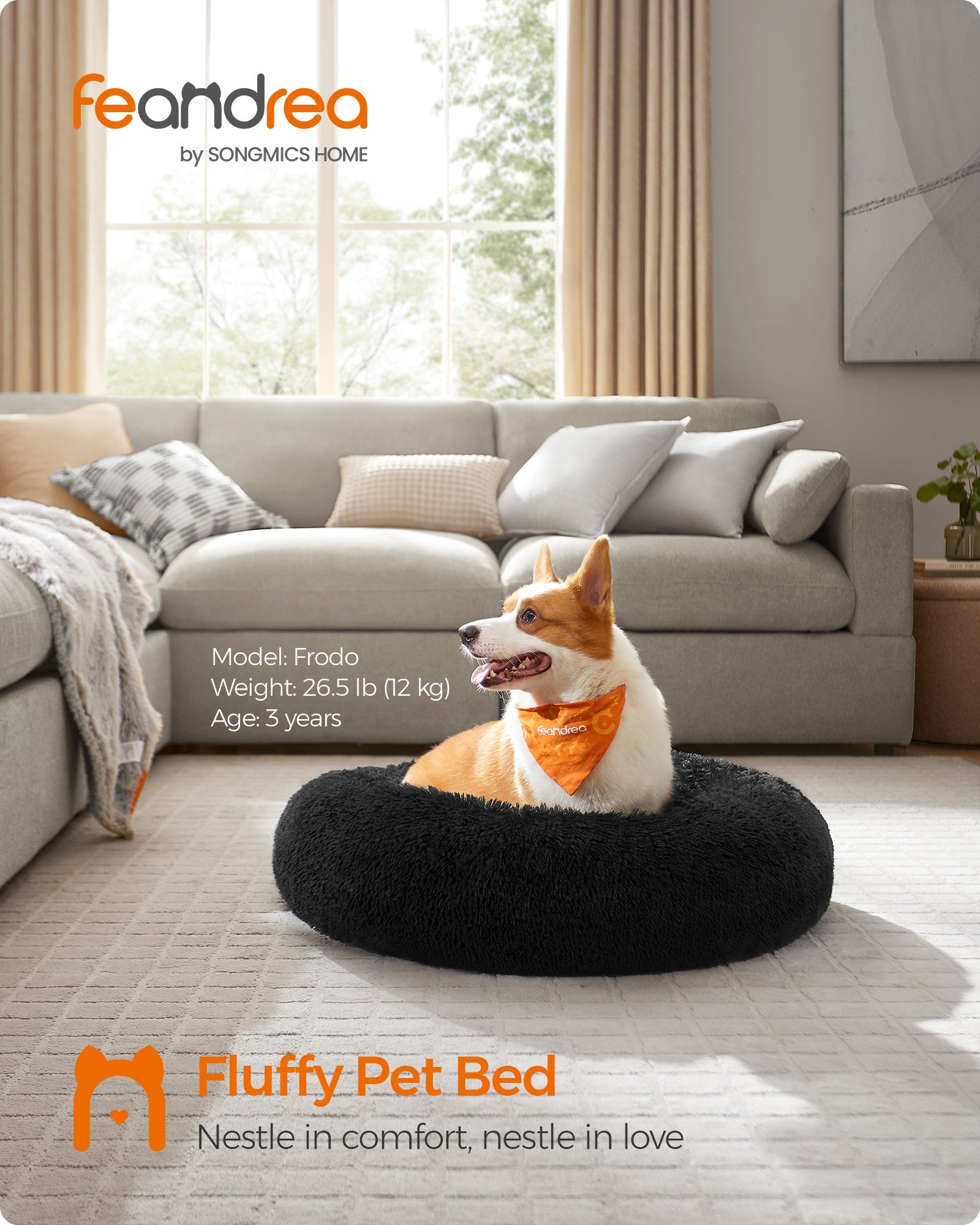 Fluffy Dog and Cat Bed – Soft Plush – Ink Black – 80 cm Diameter
