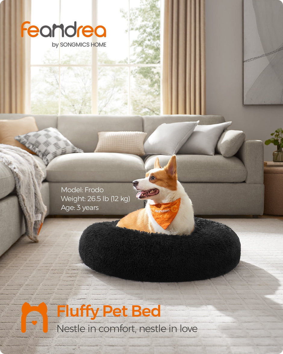 Fluffy Dog and Cat Bed – Soft Plush – Ink Black – 80 cm Diameter