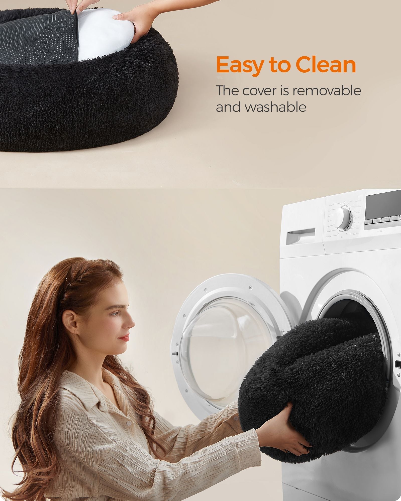 Fluffy Dog and Cat Bed – Soft Plush – Ink Black – 80 cm Diameter