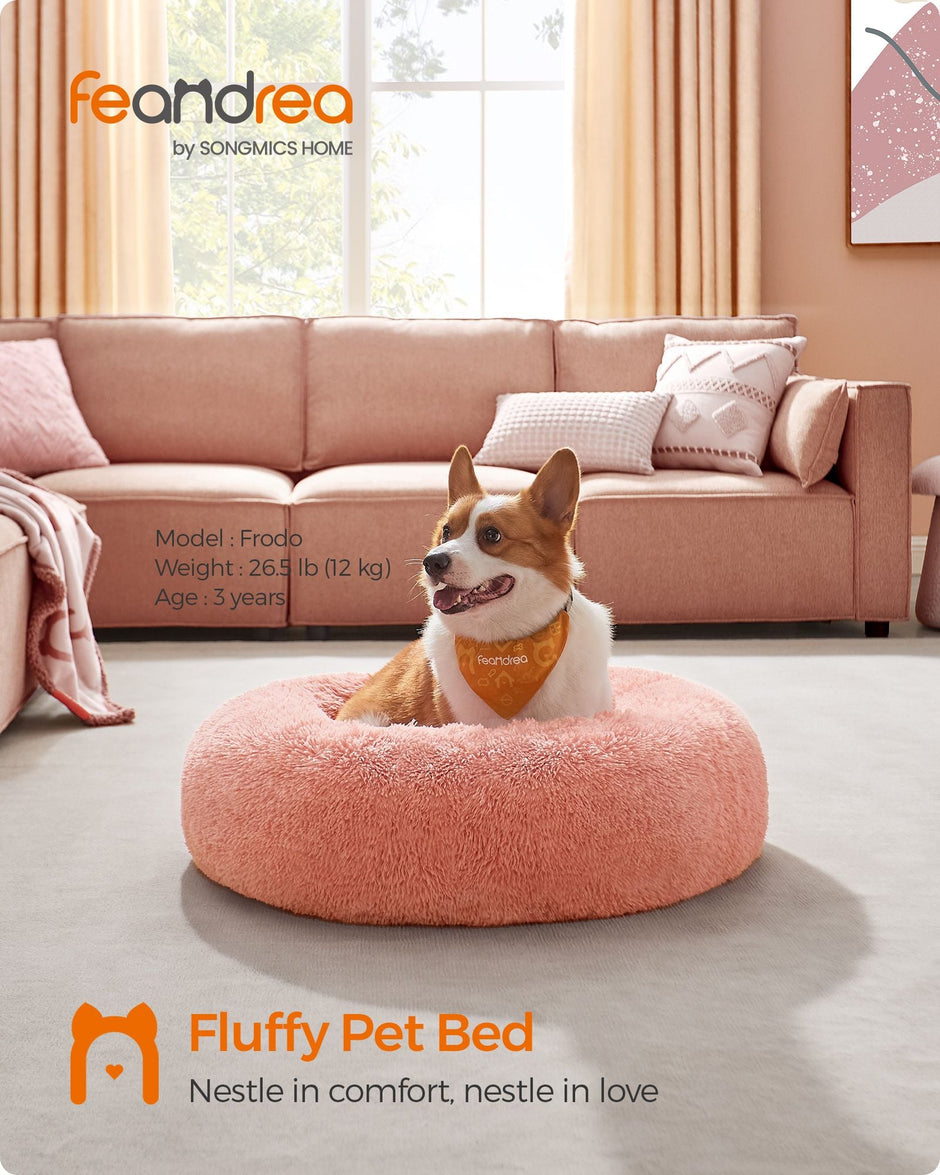 Dog Bed – Plush – Pink – Calming Fluffy Design with Removable Cover