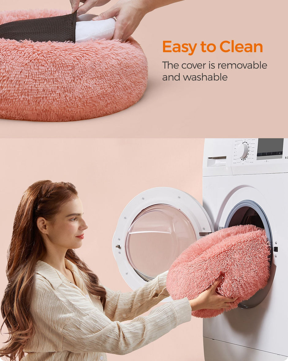 Dog Bed – Plush – Pink – Calming Fluffy Design with Removable Cover