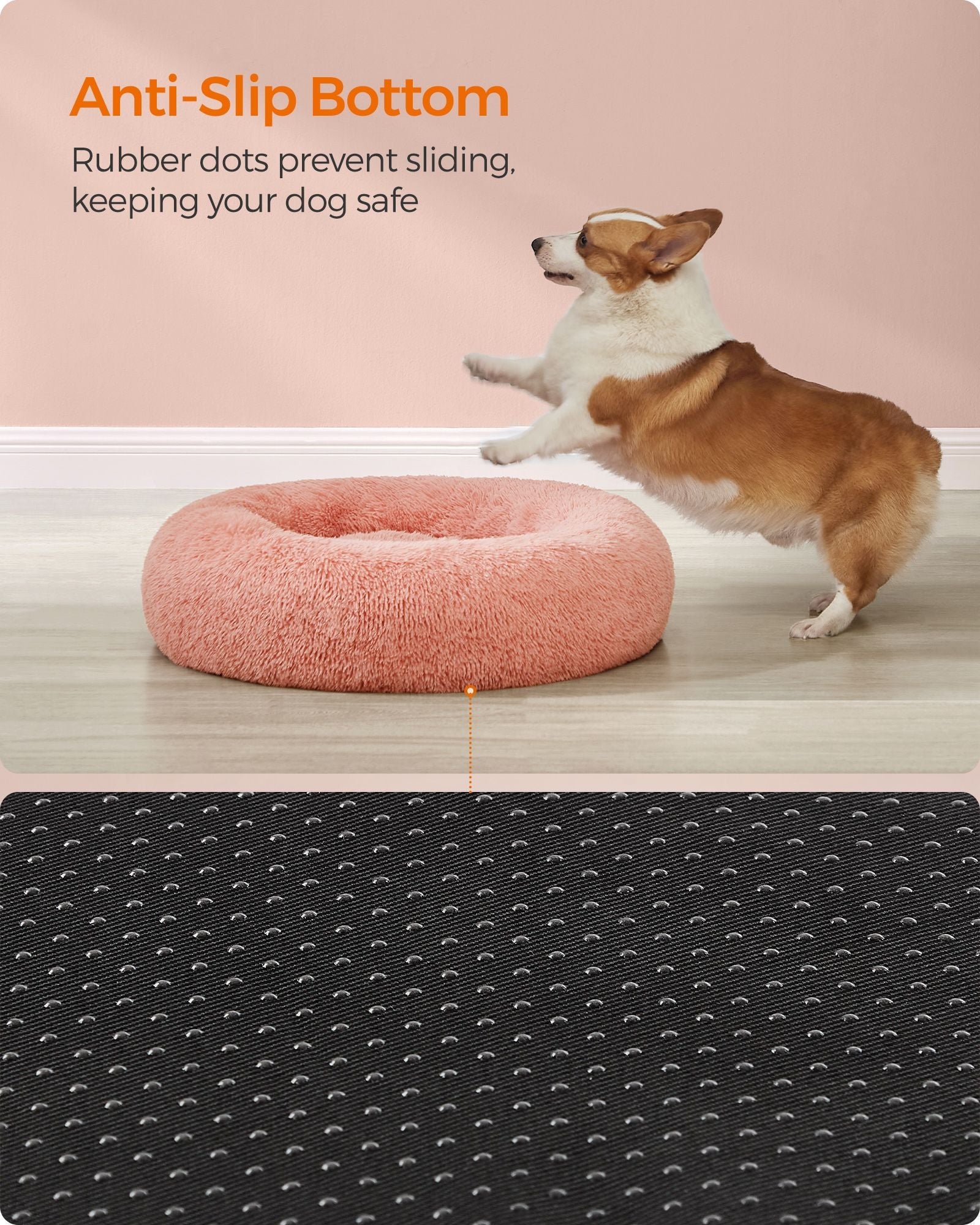 Dog Bed – Plush – Pink – Calming Fluffy Design with Removable Cover