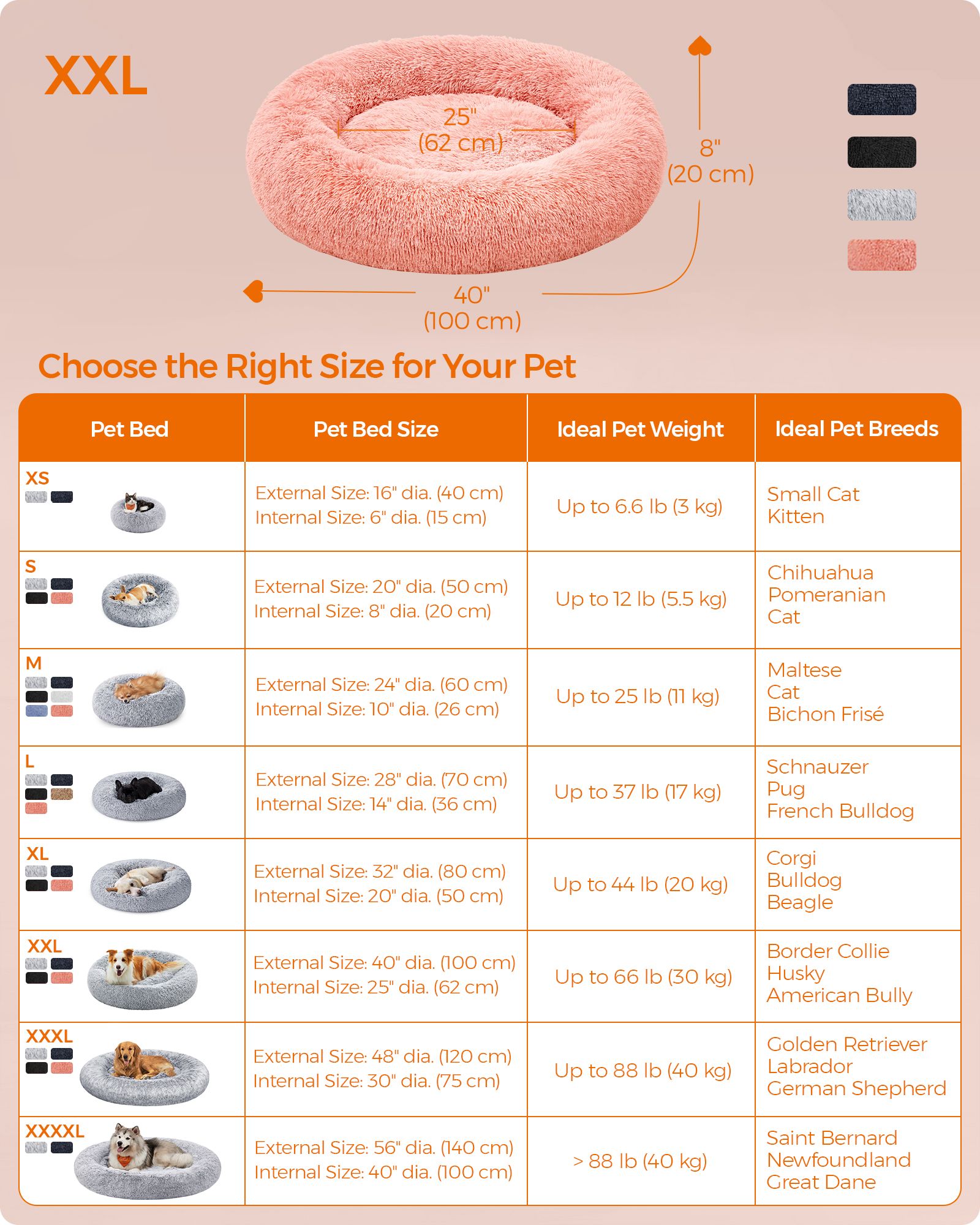 Dog Bed – Plush – Pink – Washable Cover, 100 cm Wide