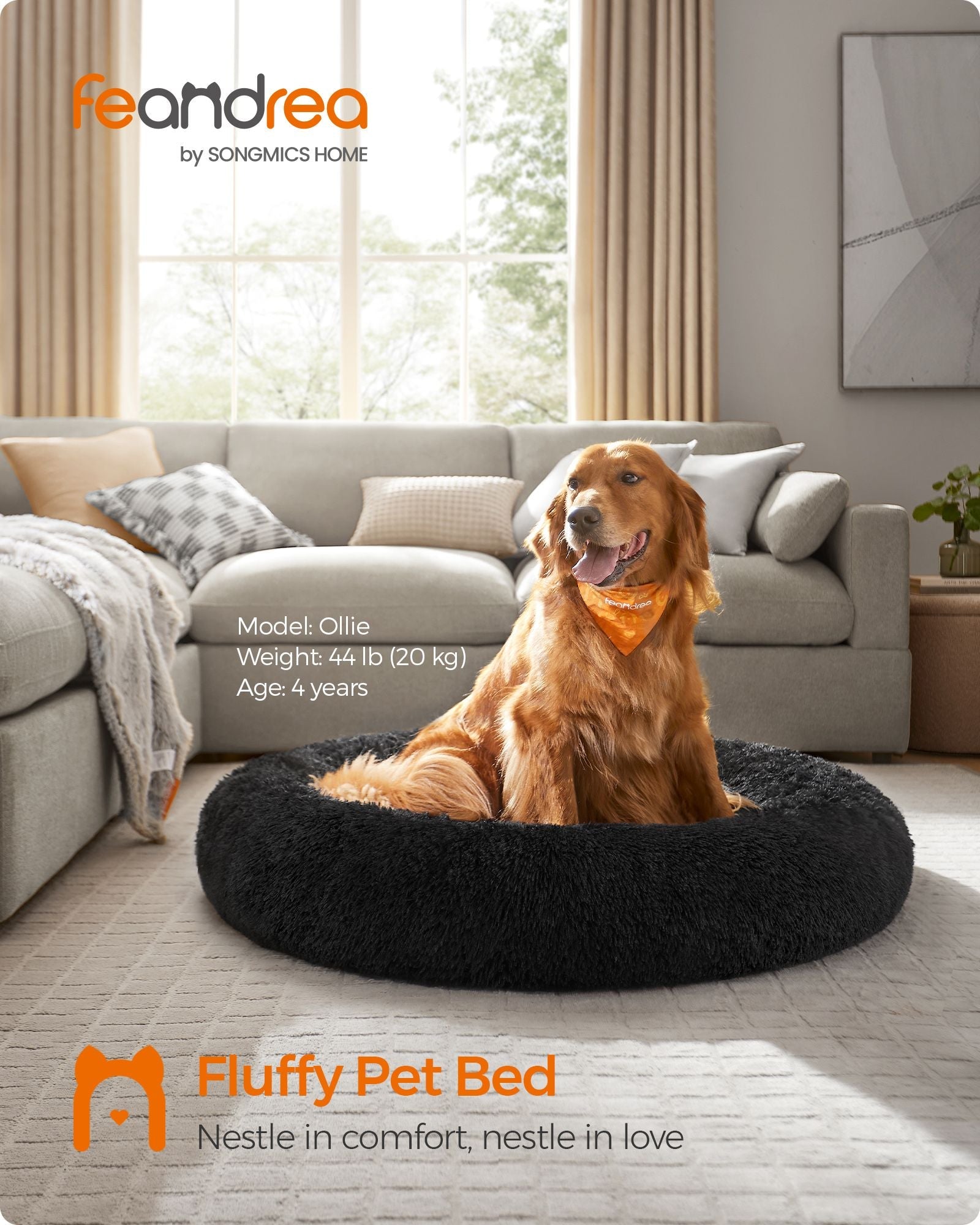 Fluffy Dog Bed – Soft Plush – Ink Black – 120 cm Diameter