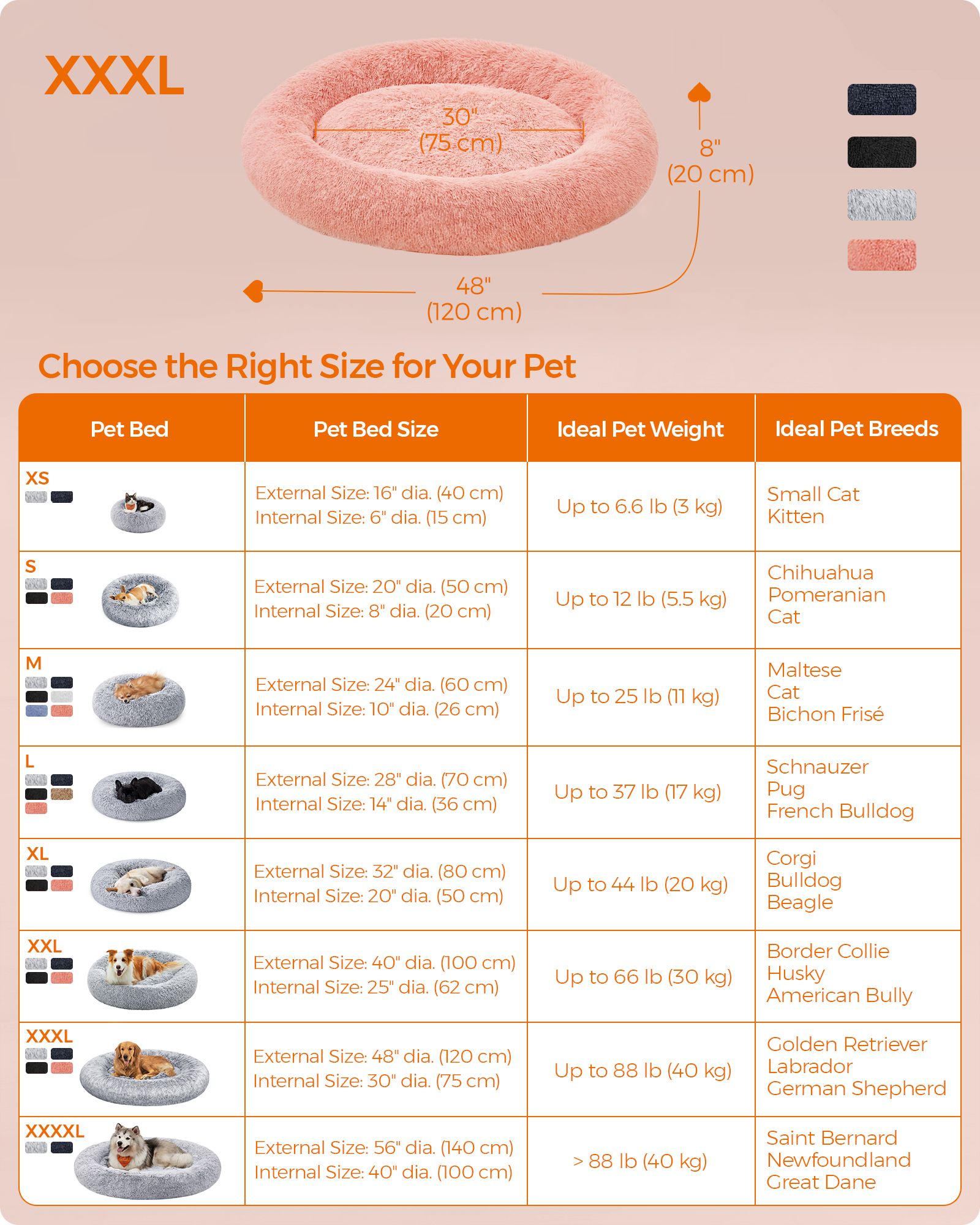 Fluffy Dog and Cat Bed – Soft Plush – Pink – Washable Cover, 120 cm Wide