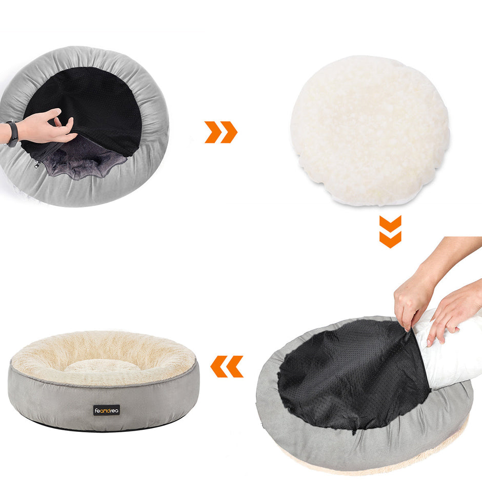 Round Dog Cushion – Fabric – Grey and White – Washable, 50 cm Diameter