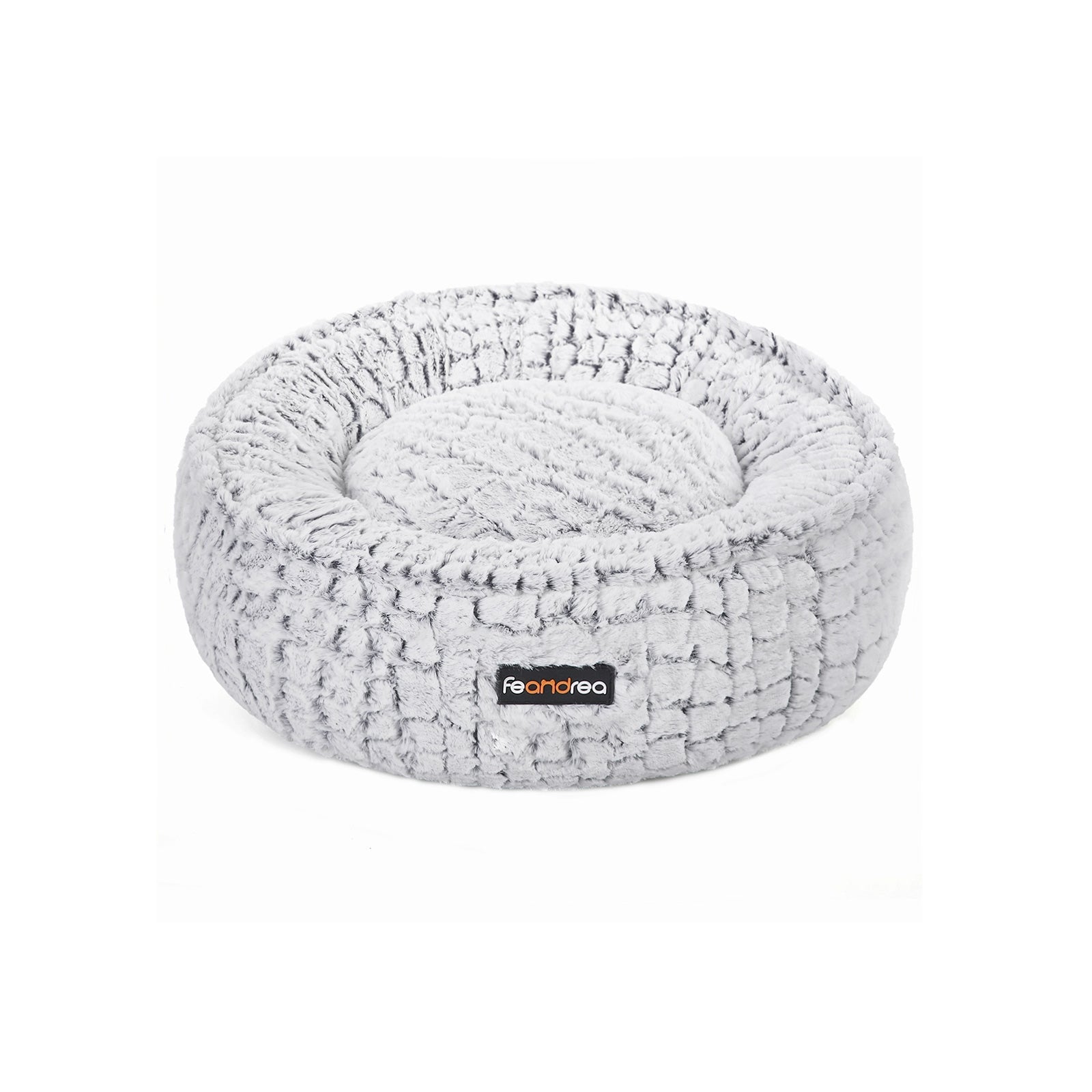 Round Plush Dog Bed – Fabric – Grey – Washable with Non-Slip Bottom