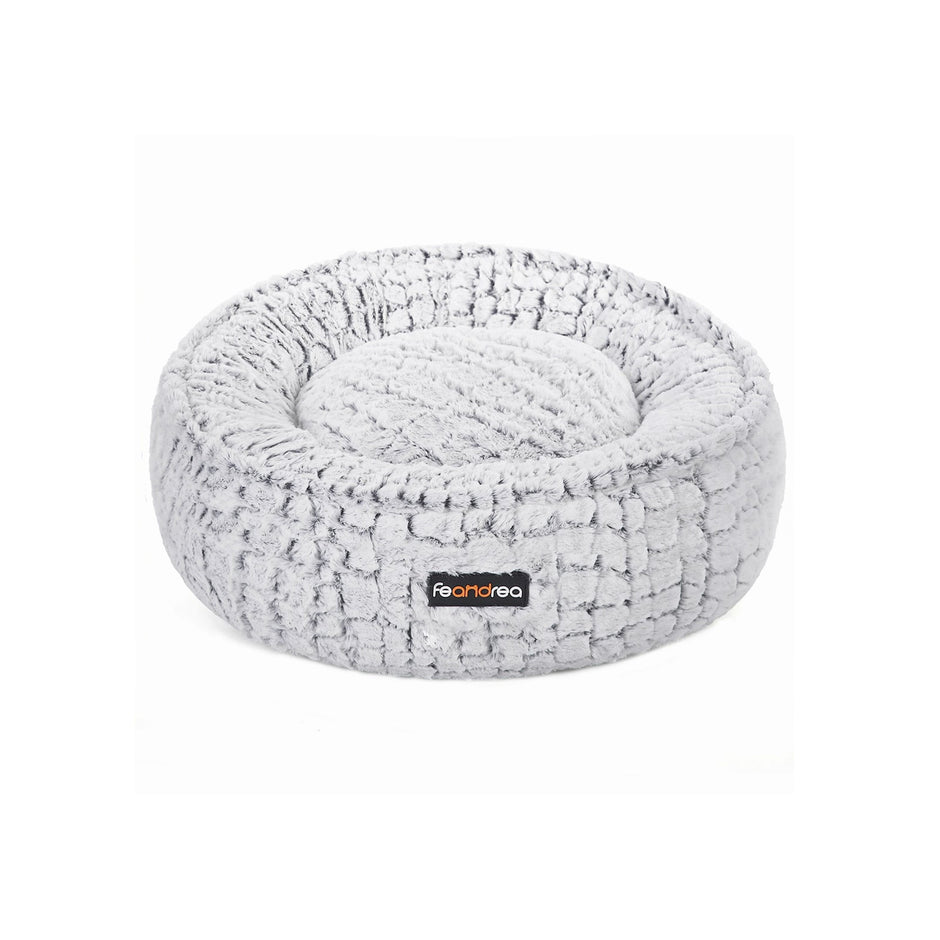 Round Plush Dog Bed – Fabric – Grey – Washable with Non-Slip Bottom
