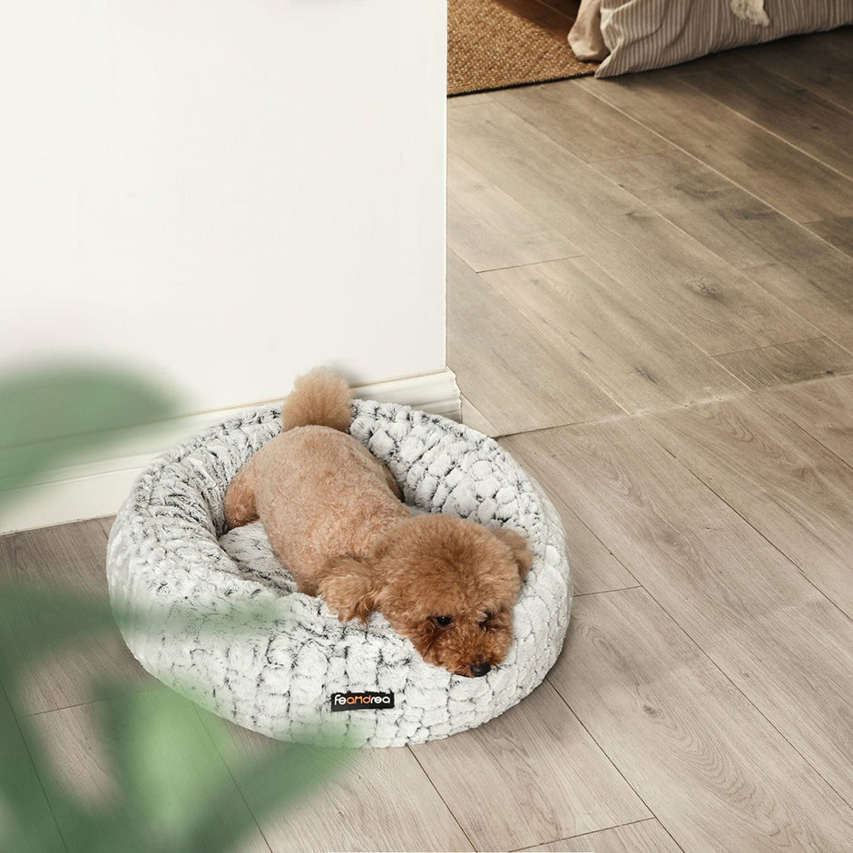 Round Plush Dog Bed – Fabric – Grey – Washable with Non-Slip Bottom