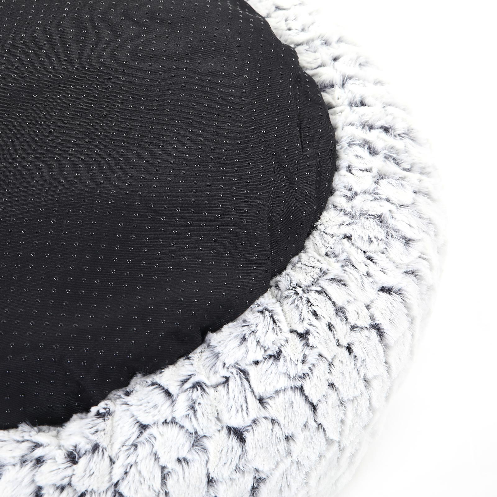 Round Plush Dog Bed – Fabric – Grey – Washable with Non-Slip Bottom