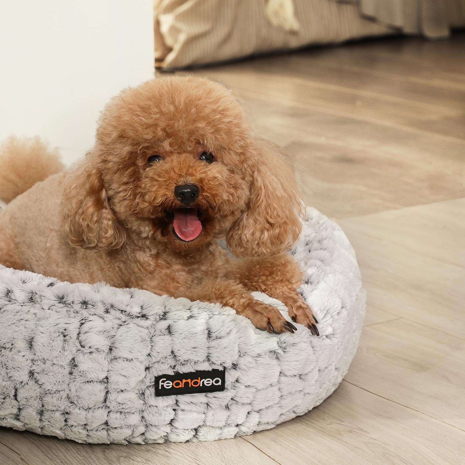 Round Plush Dog Bed – Fabric – Grey – Washable with Non-Slip Bottom