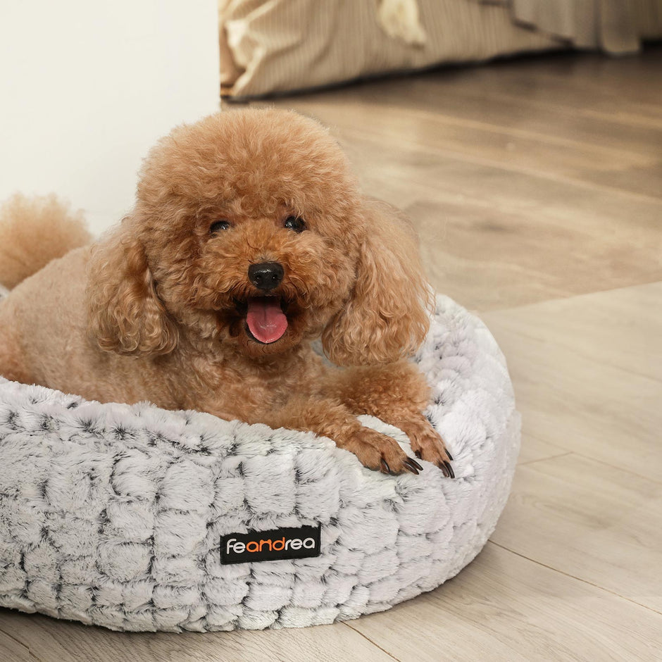 Round Plush Dog Bed – Fabric – Grey – Washable with Non-Slip Bottom