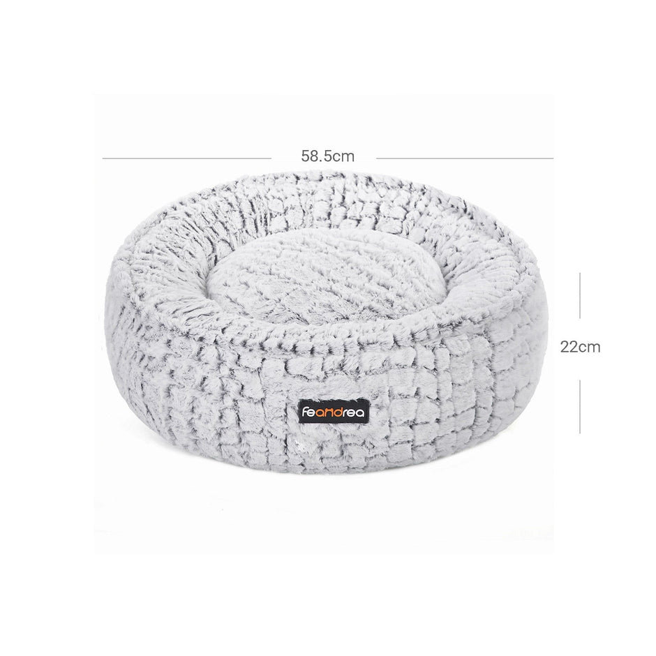 Round Plush Dog Bed – Fabric – Grey – Washable with Non-Slip Bottom