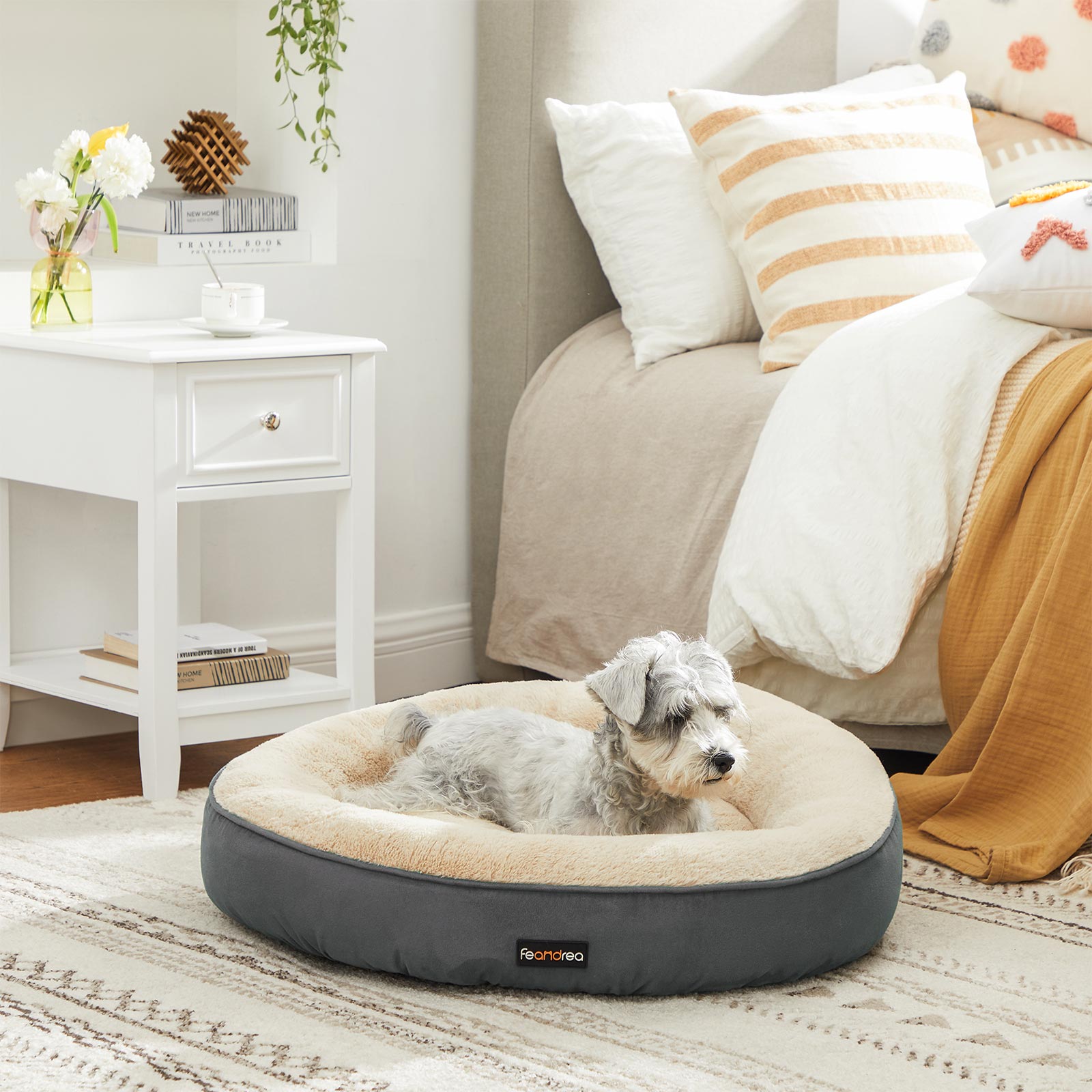 Round Dog Bed – Fabric – Dark Gray – Washable, 60 cm Diameter
