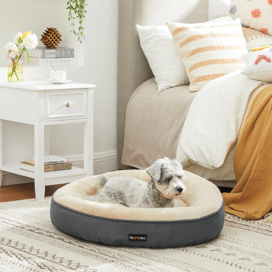 Round Dog Bed – Fabric – Dark Gray – Washable, 60 cm Diameter