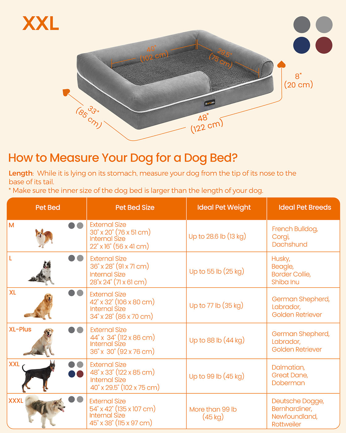 Orthopedic Dog Bed – Fabric – Light Grey – Removable Washable Cover, Non-Slip Bottom