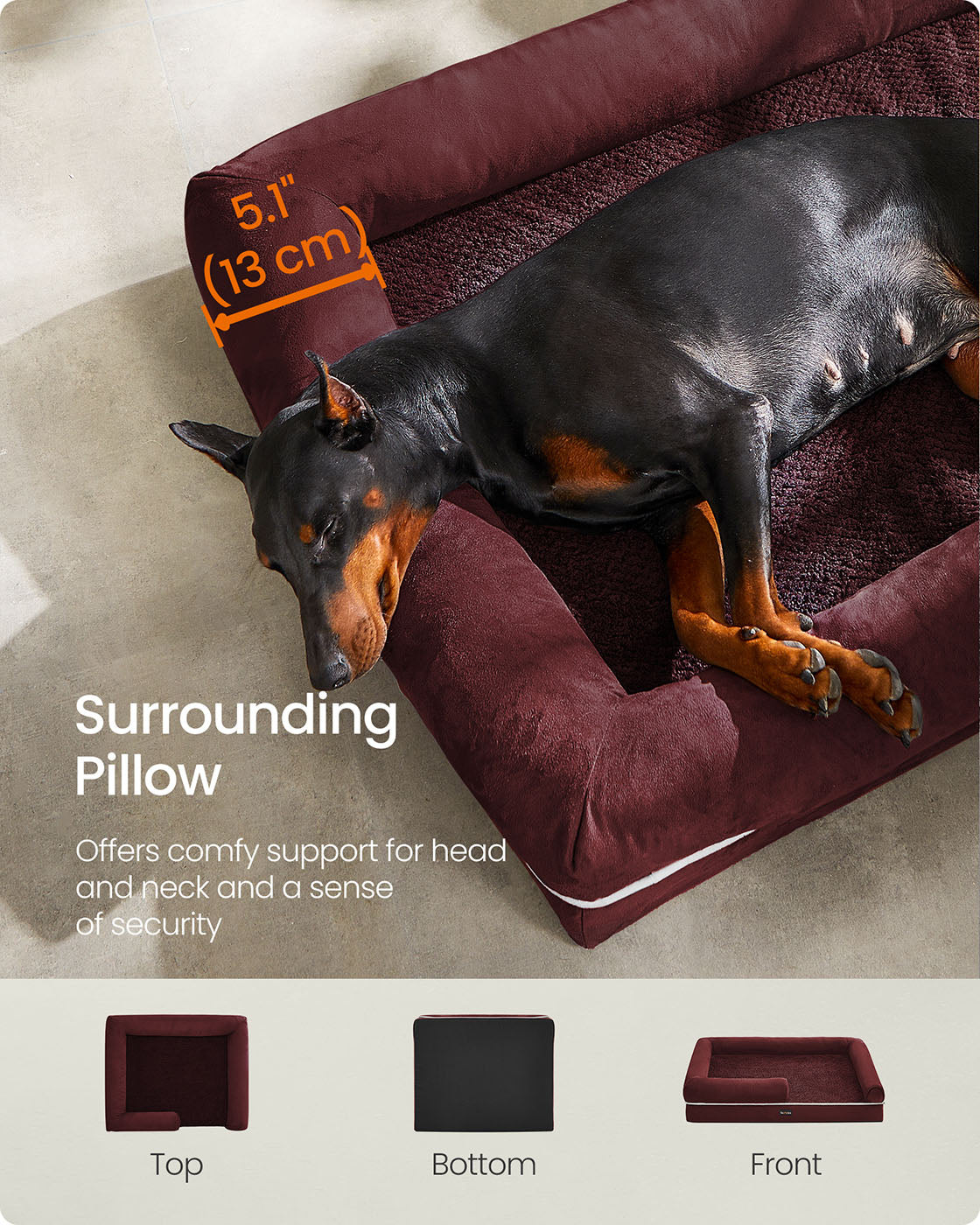 Orthopedic Dog Bed – Fabric – Berry Red – Removable Washable Cover with Non-Slip Bottom 120 x 85 x 20 cm