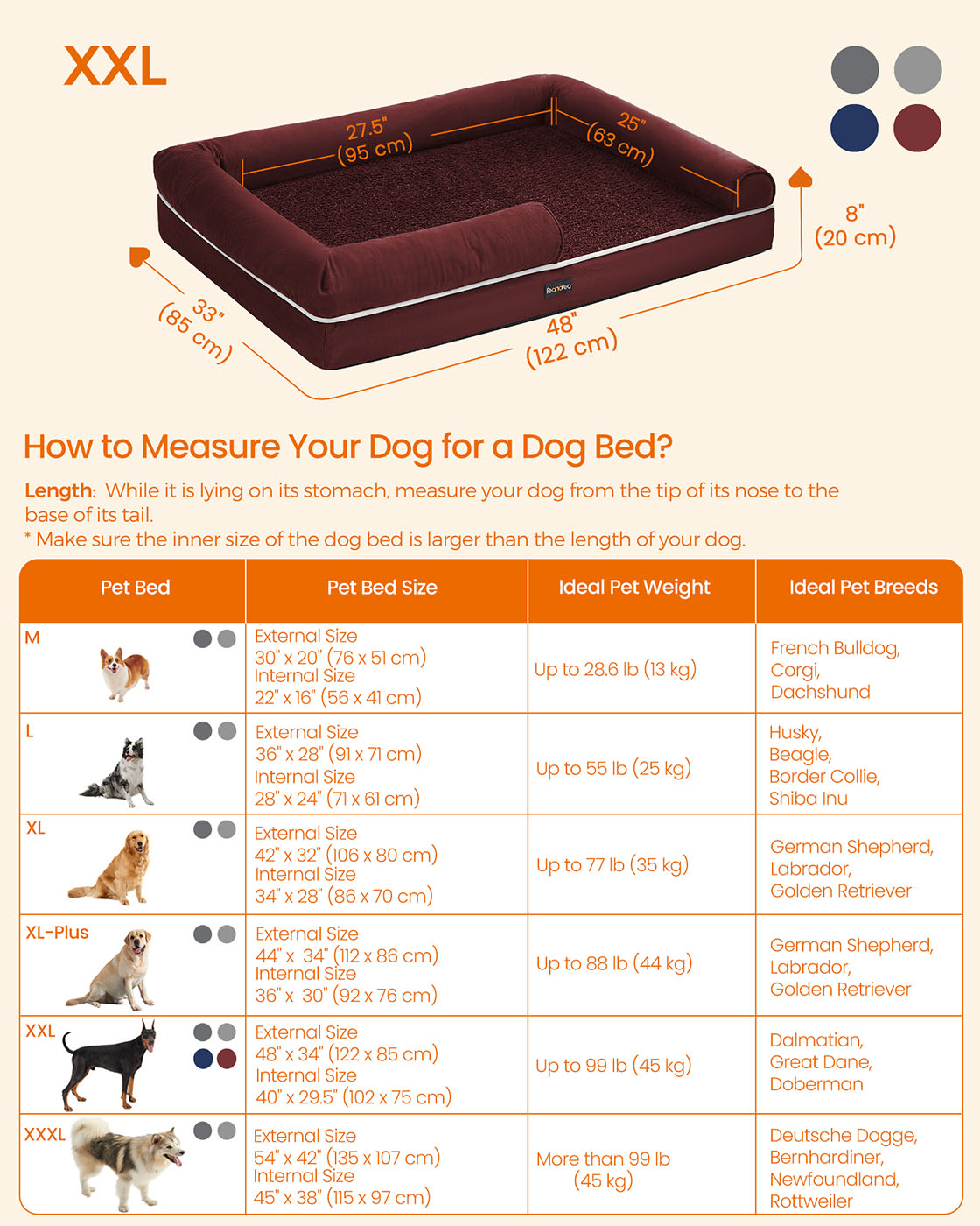Orthopedic Dog Bed – Fabric – Berry Red – Removable Washable Cover with Non-Slip Bottom 120 x 85 x 20 cm