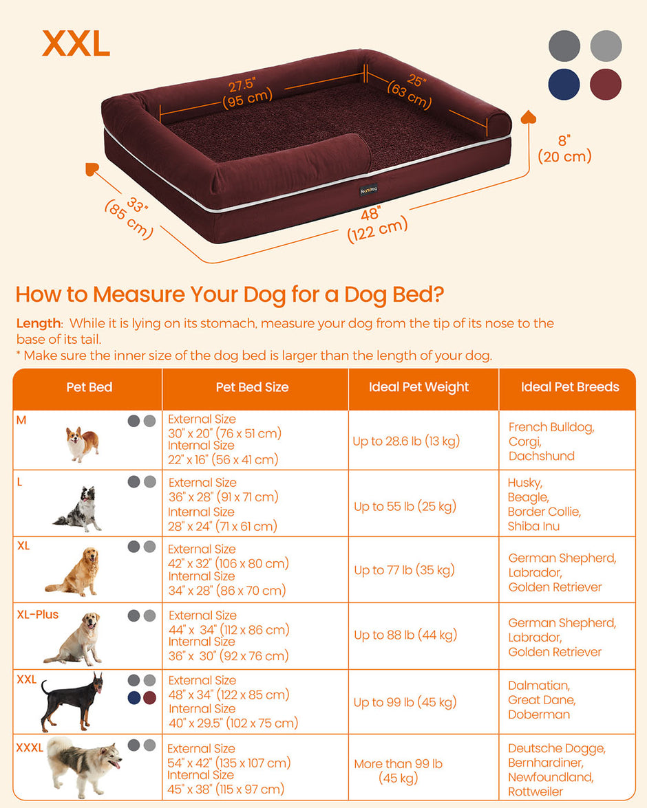Orthopedic Dog Bed – Fabric – Berry Red – Removable Washable Cover with Non-Slip Bottom 120 x 85 x 20 cm