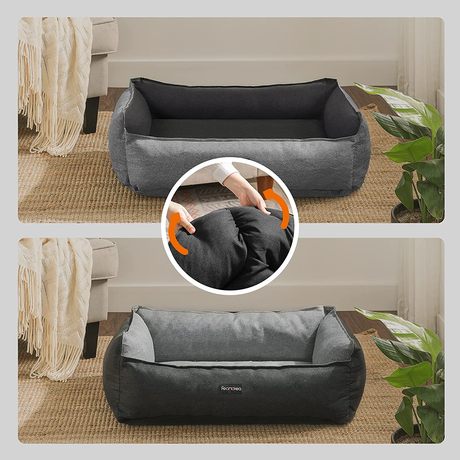Medium-Size Washable Dog Bed – Reversible Fabric – Grey and Dark Grey – Premium Comfort