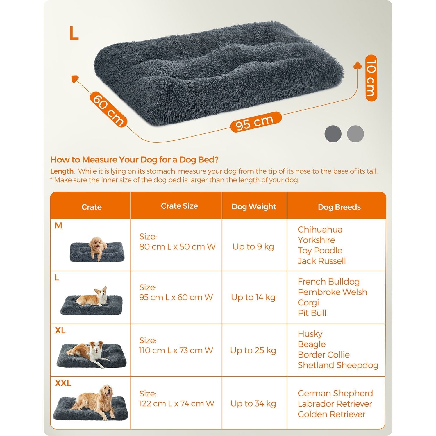 Dog Bed – Fluffy Fabric – Dark Grey – Machine Washable, Multipurpose 95 x 60 cm