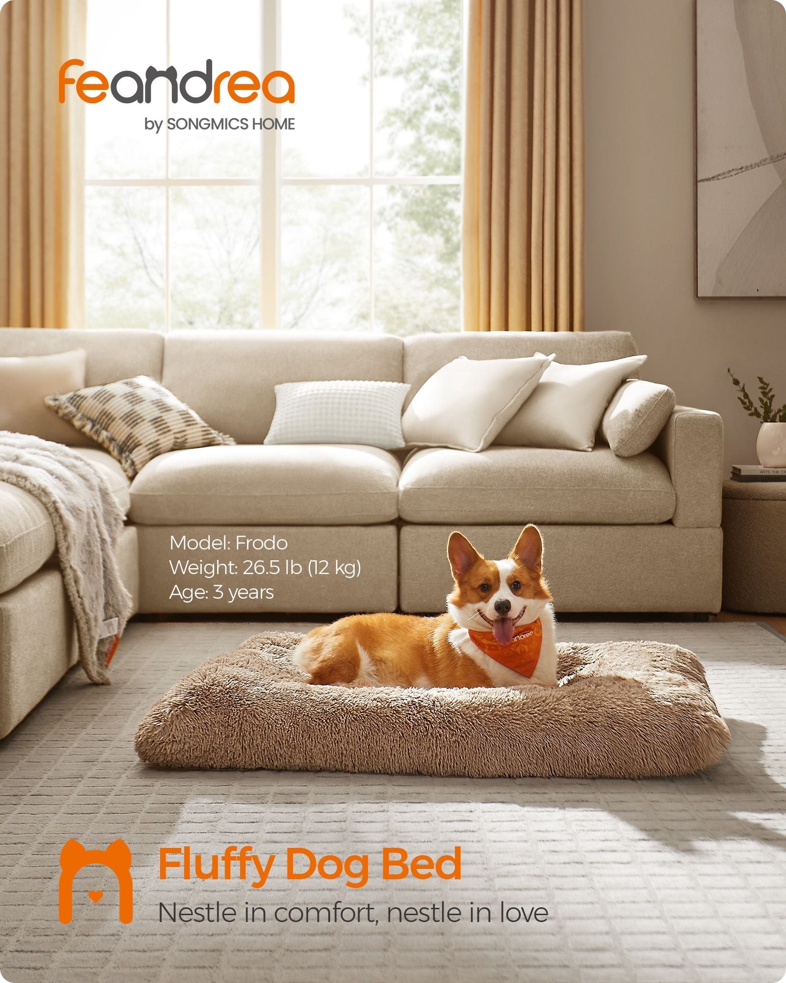 Fluffy Dog Bed – Plush Fabric – Camel Brown – Anti-Anxiety, Washable
