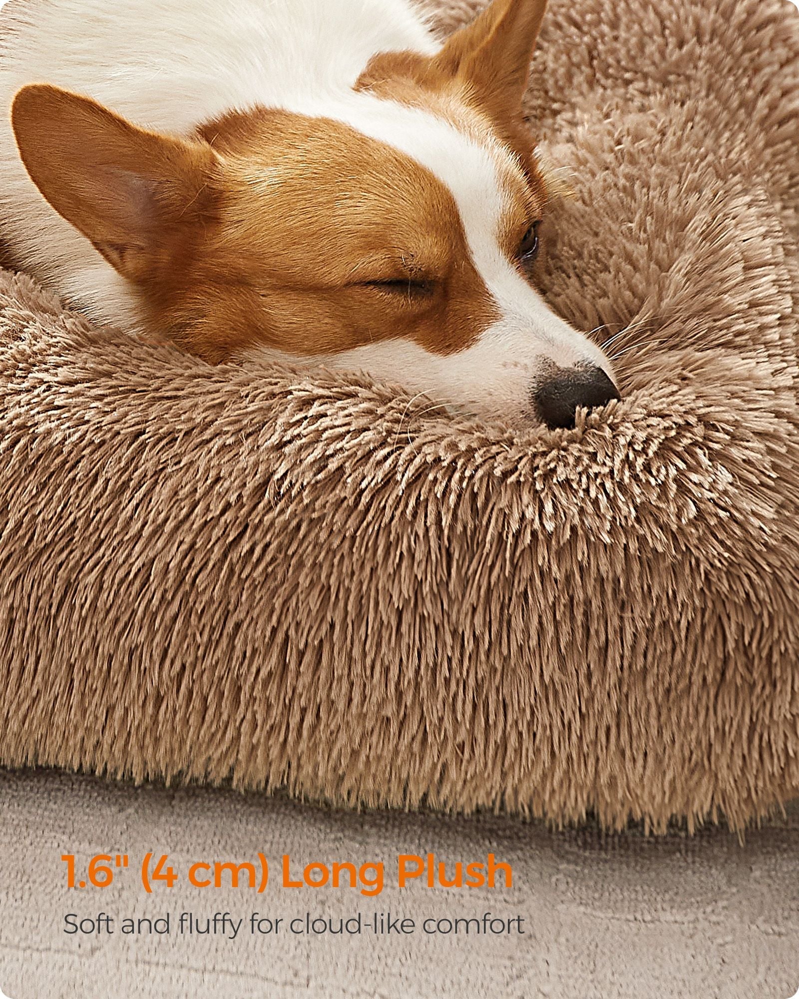 Fluffy Dog Bed – Plush Fabric – Camel Brown – Anti-Anxiety, Washable