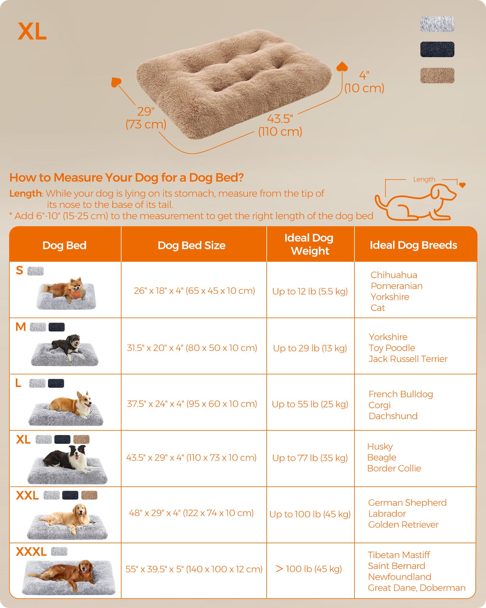 Fluffy Dog Bed – Plush Fabric – Camel Brown – Anti-Anxiety, Washable