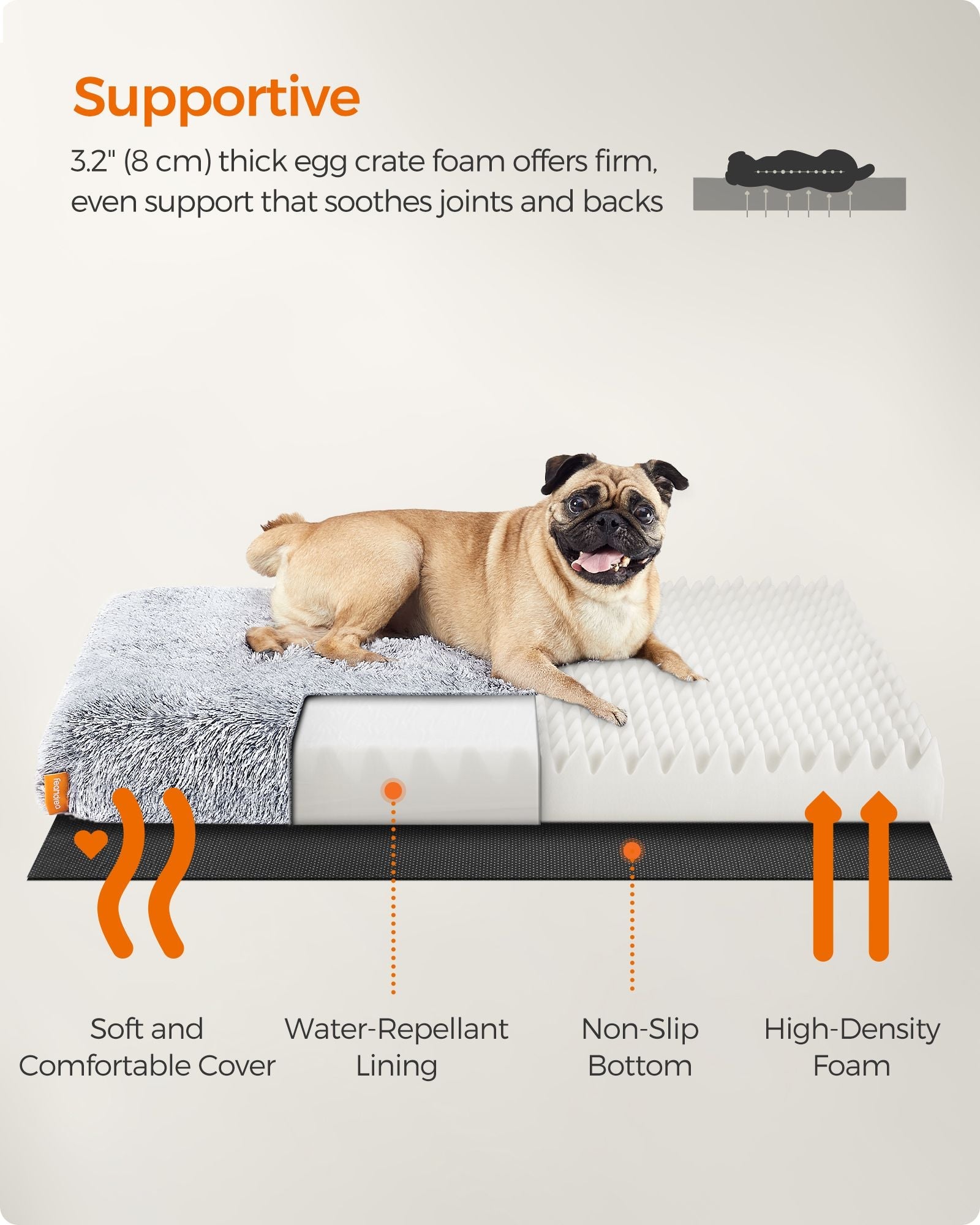 Dog Bed – Egg Crate Foam – Grey Ombré – Removable Washable Cover 80 x 50 x 8 cm