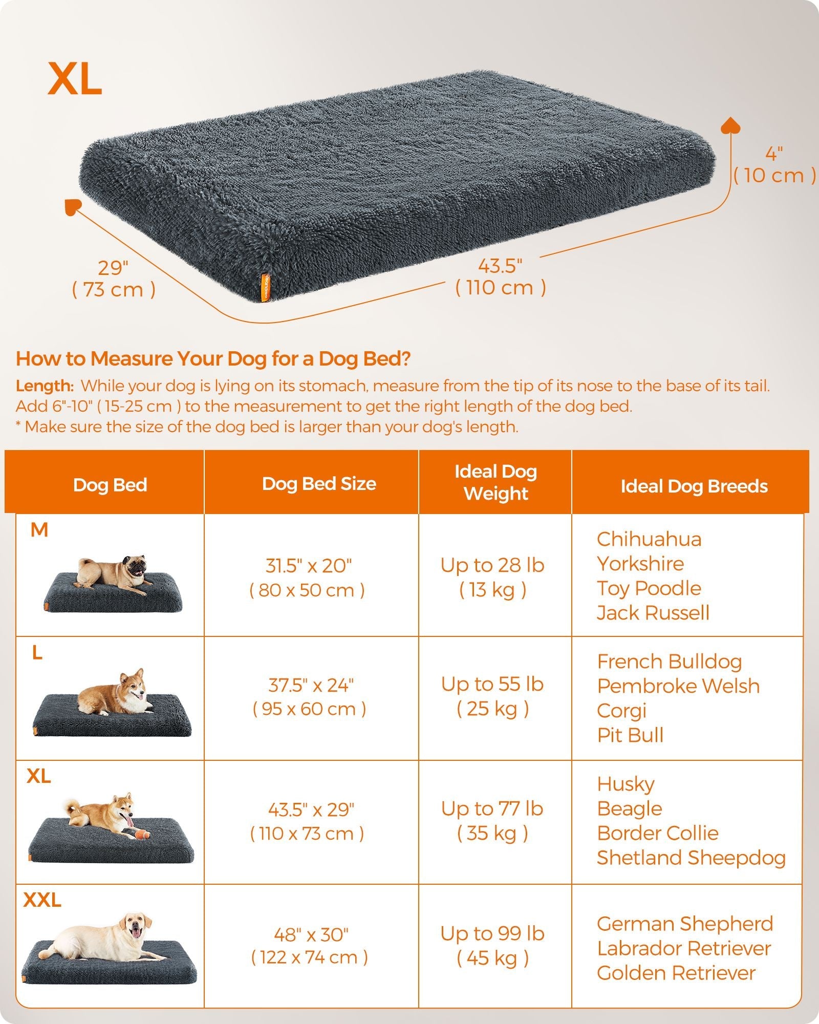 Fluffy Dog Bed – Egg Crate Foam – Dark Grey – Removable Washable Cover 110 x 73 x 10 cm