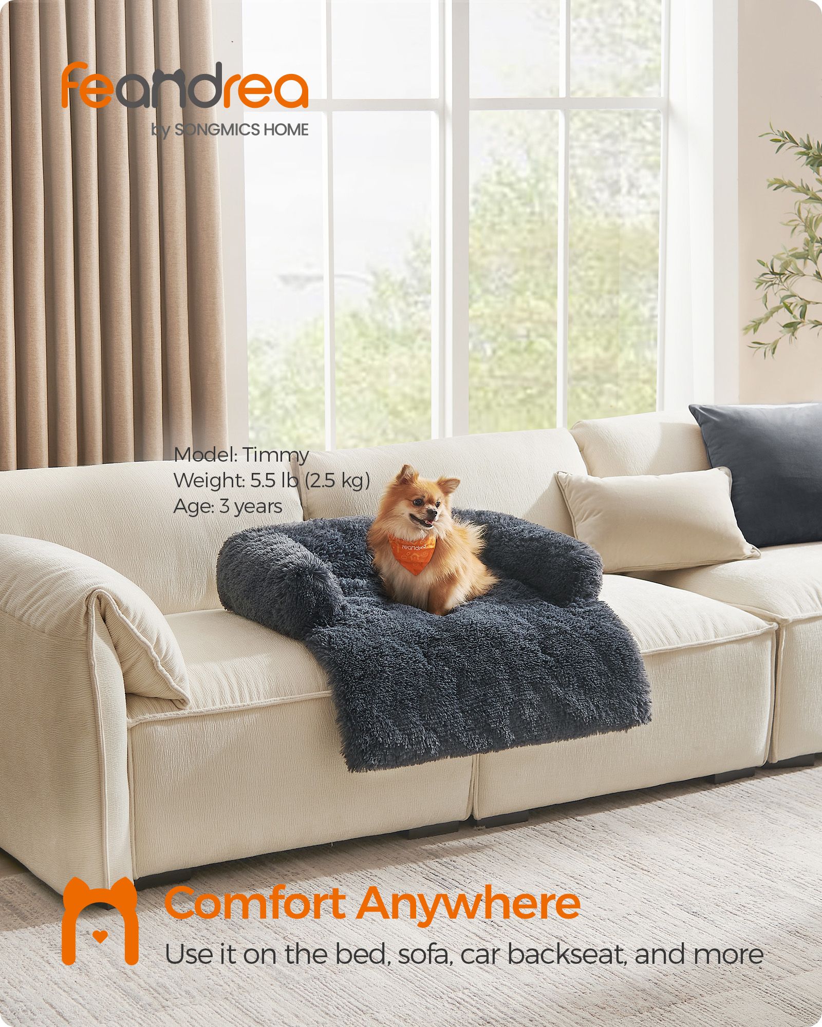 Dog Sofa Bed – Plush Fabric – Dark Grey – Calming Design for Large Dogs