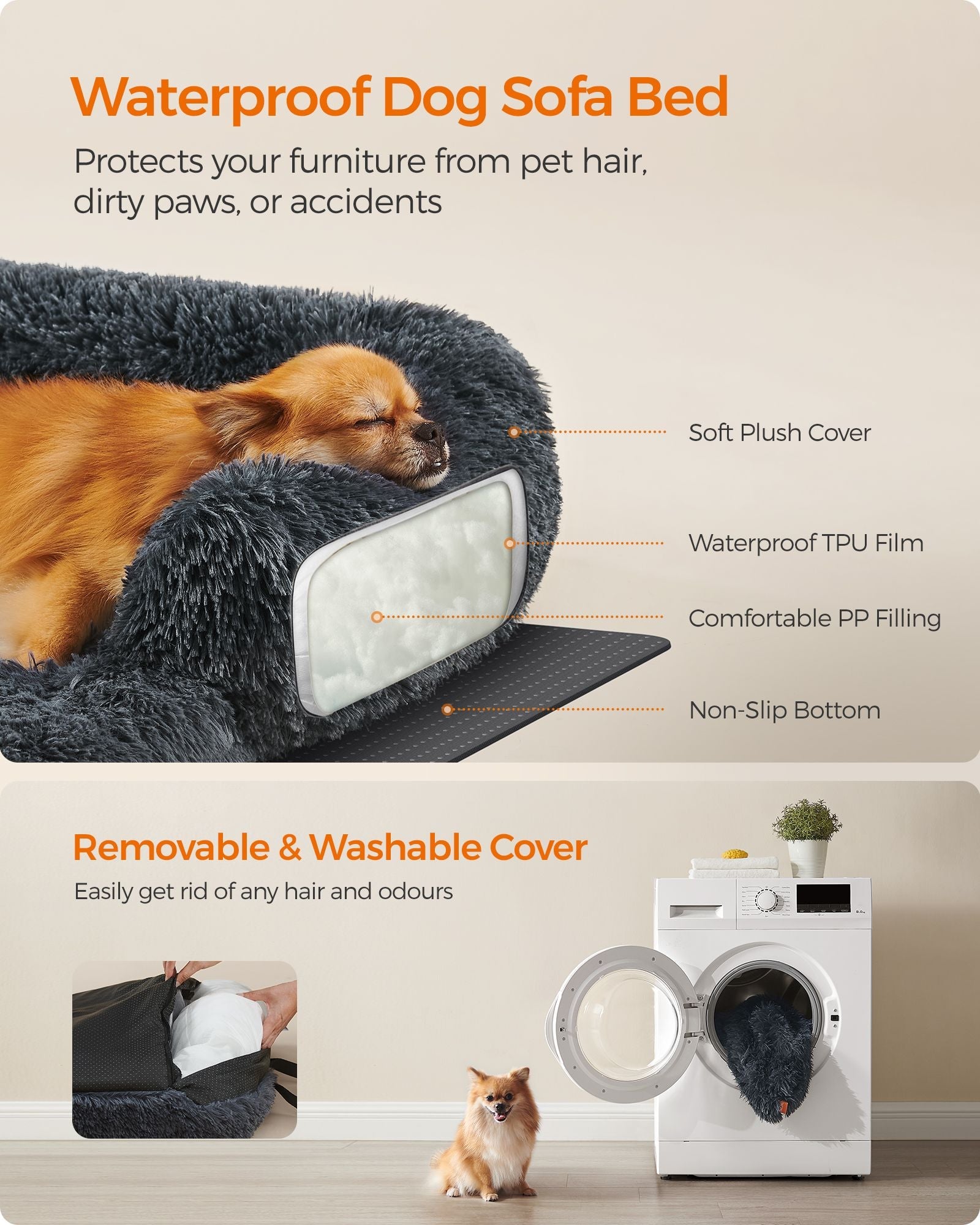 Dog Sofa Bed – Plush Fabric – Dark Grey – Calming Design for Large Dogs