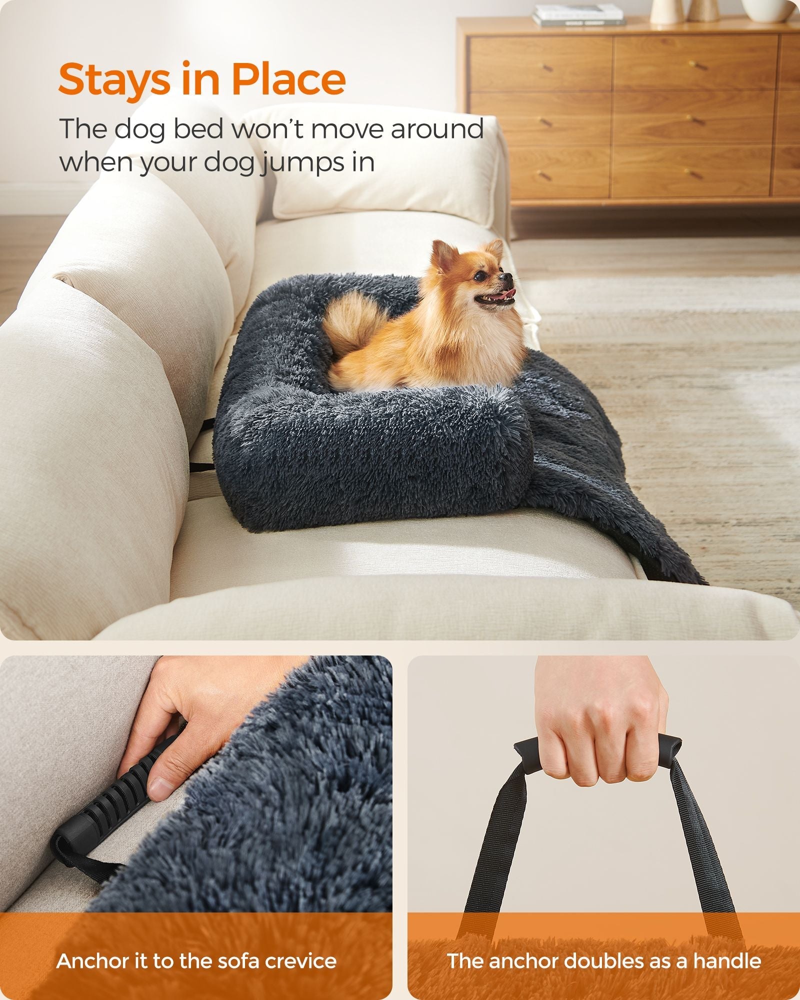 Dog Sofa Bed – Plush Fabric – Dark Grey – Calming Design for Large Dogs