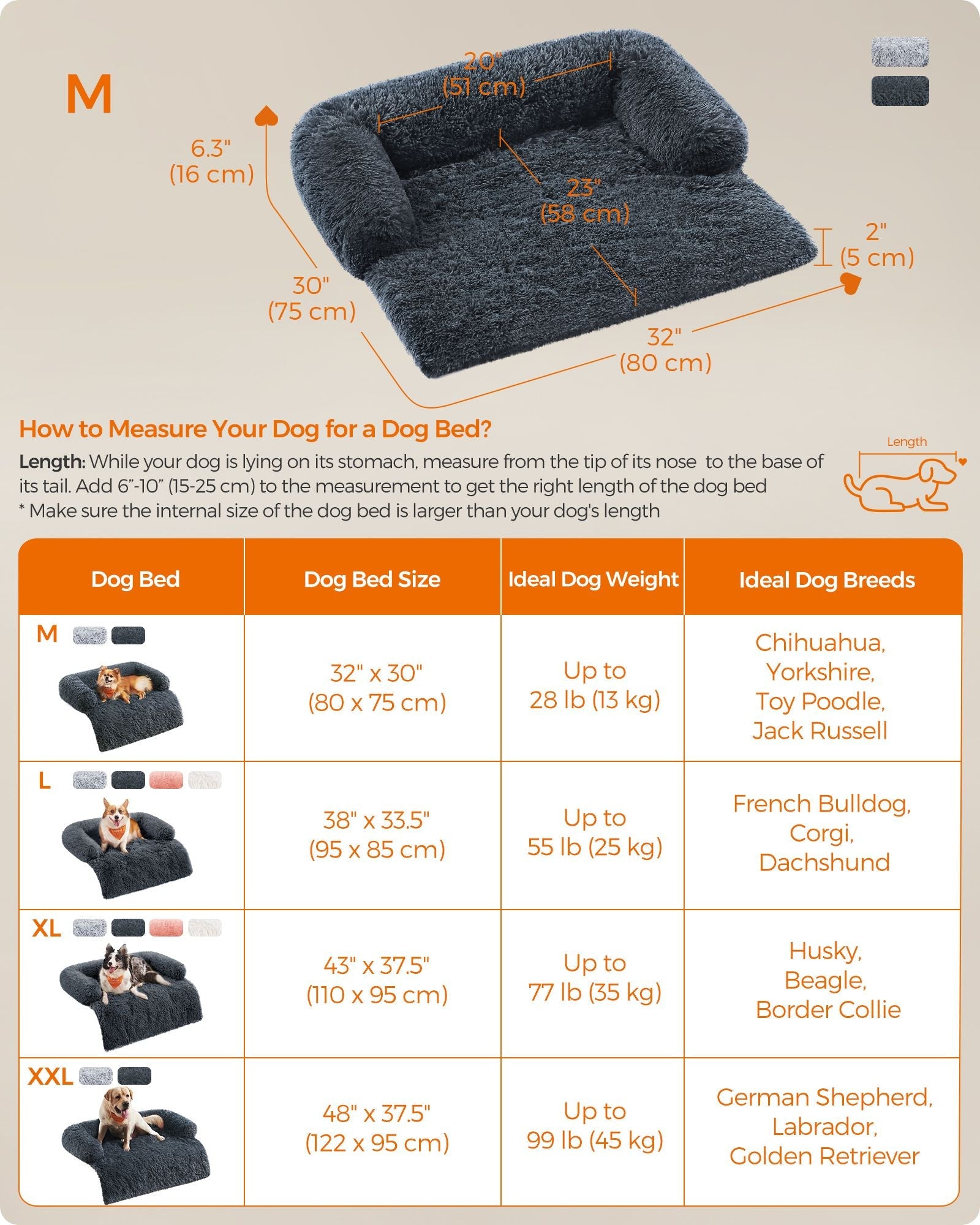 Dog Sofa Bed – Plush Fabric – Dark Grey – Calming Design for Large Dogs
