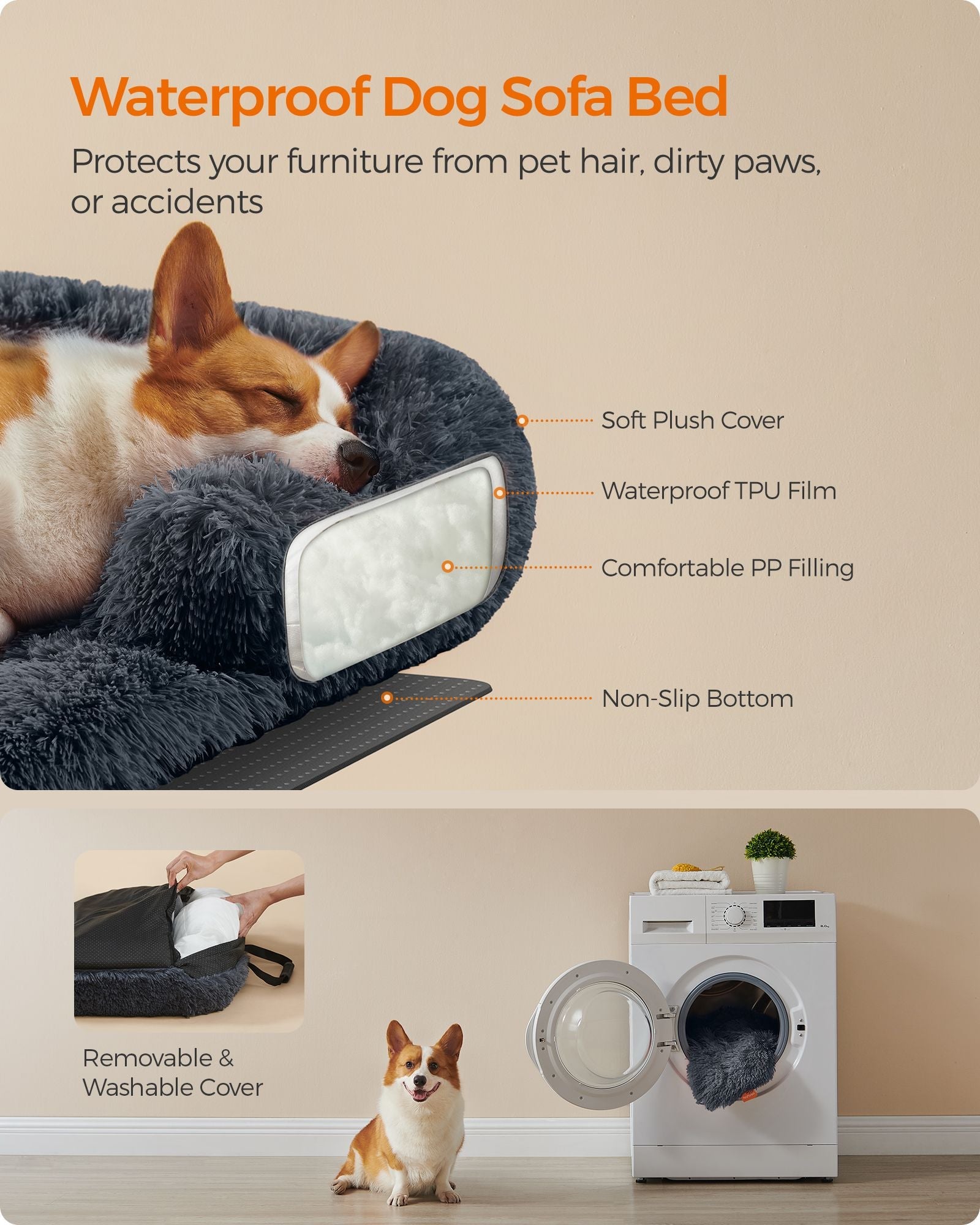 Dog Sofa Bed – Plush Fabric – Dark Grey – Calming Design for Large Dogs