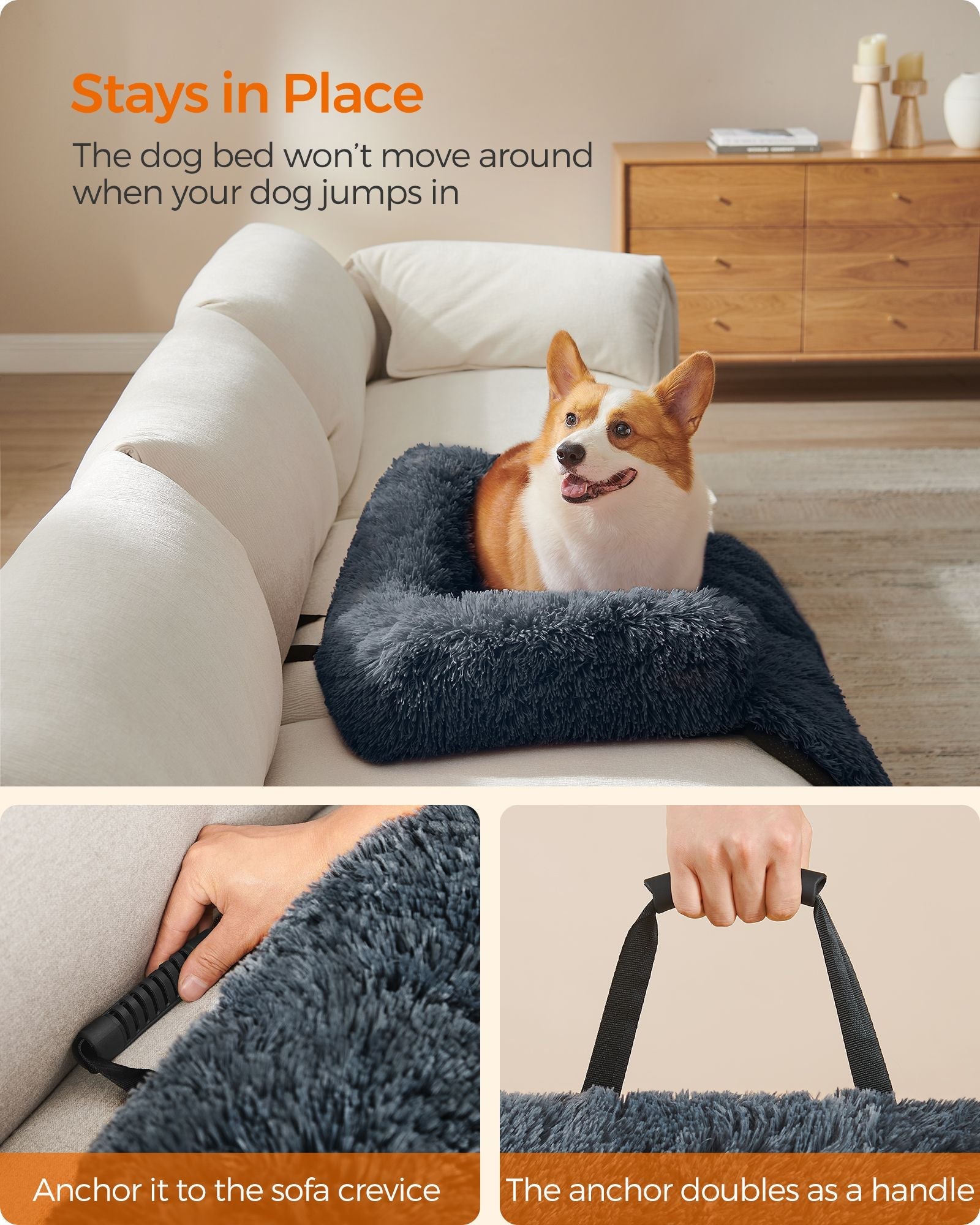 Dog Sofa Bed – Plush Fabric – Dark Grey – Calming Design for Large Dogs
