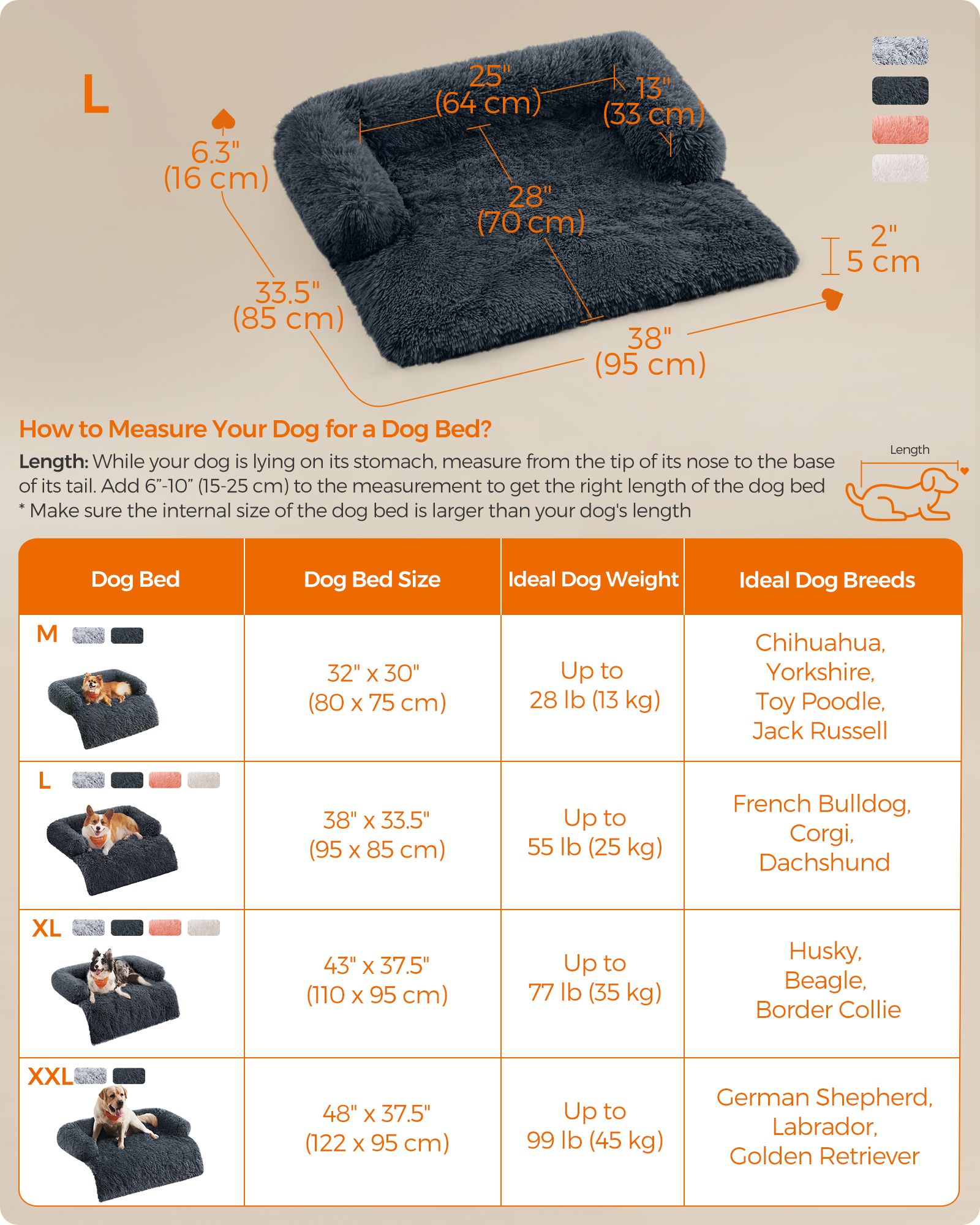 Dog Sofa Bed – Plush Fabric – Dark Grey – Calming Design for Large Dogs
