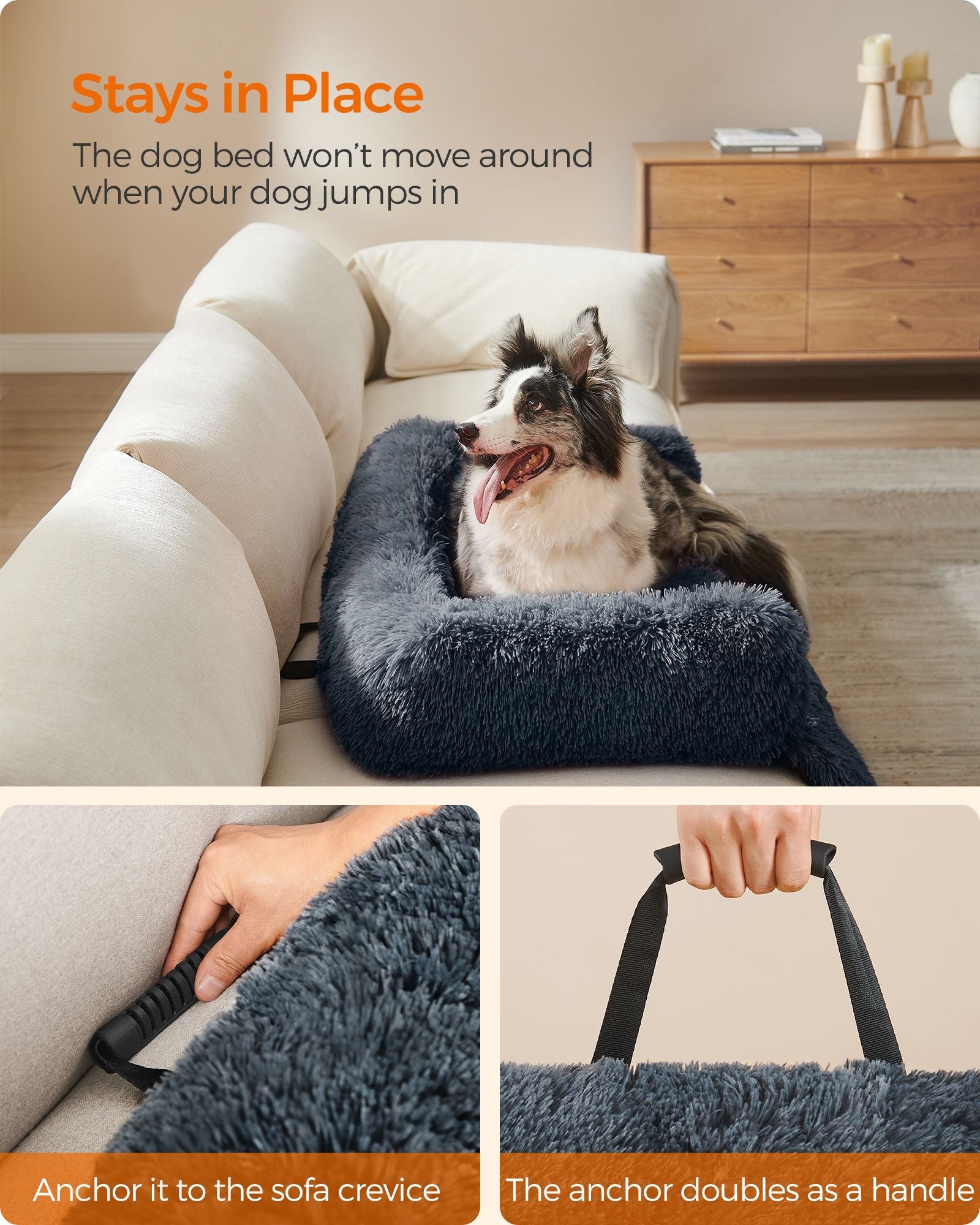 Dog Sofa Bed – Faux Fur – Dark Grey – Extra Large Calming Design