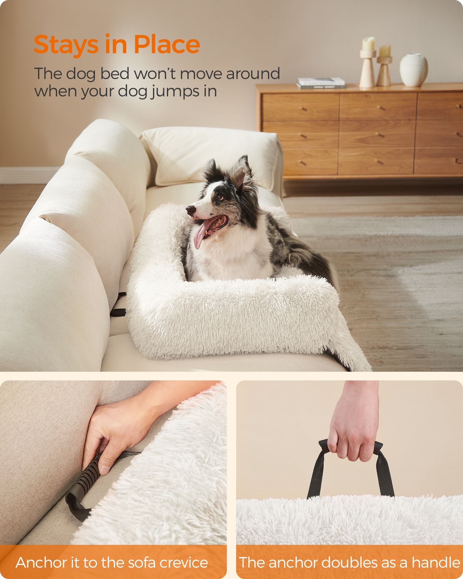 Dog Sofa Bed – Fabric – Cloud White – Fluffy Calming Design for Medium Dogs