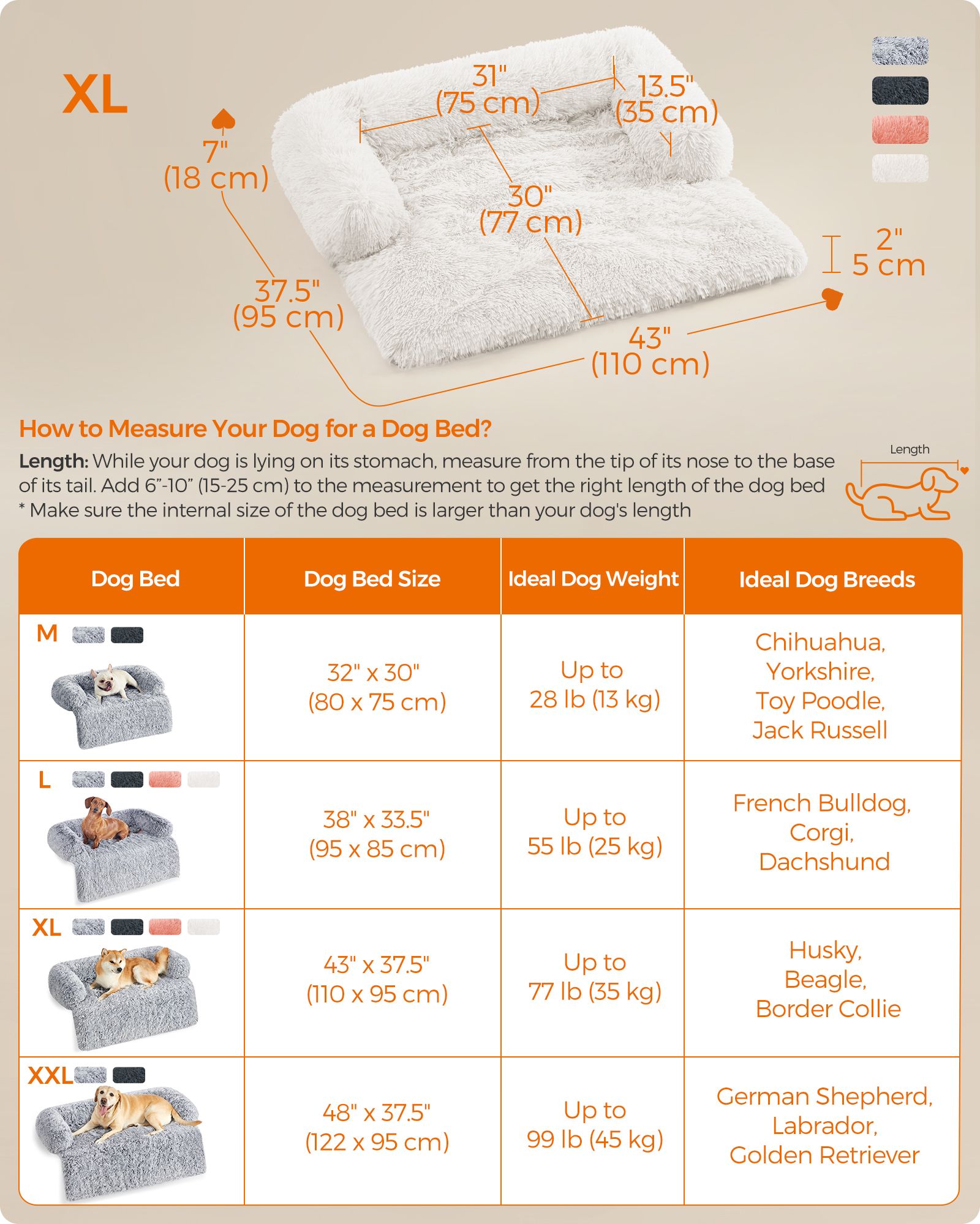 Dog Sofa Bed – Fabric – Cloud White – Fluffy Calming Design for Medium Dogs