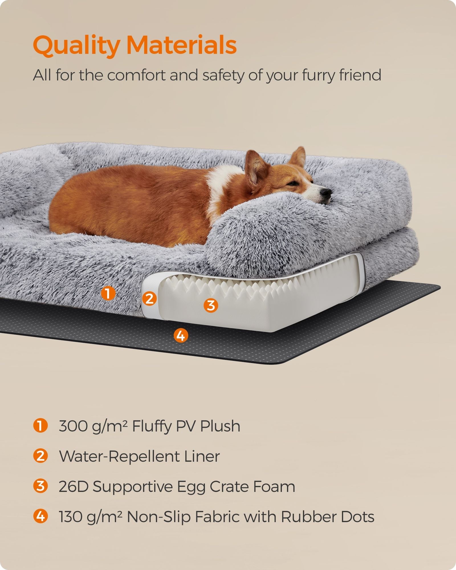 Dog Bed – Egg Crate Foam – Soft Grey – Removable Washable Cover