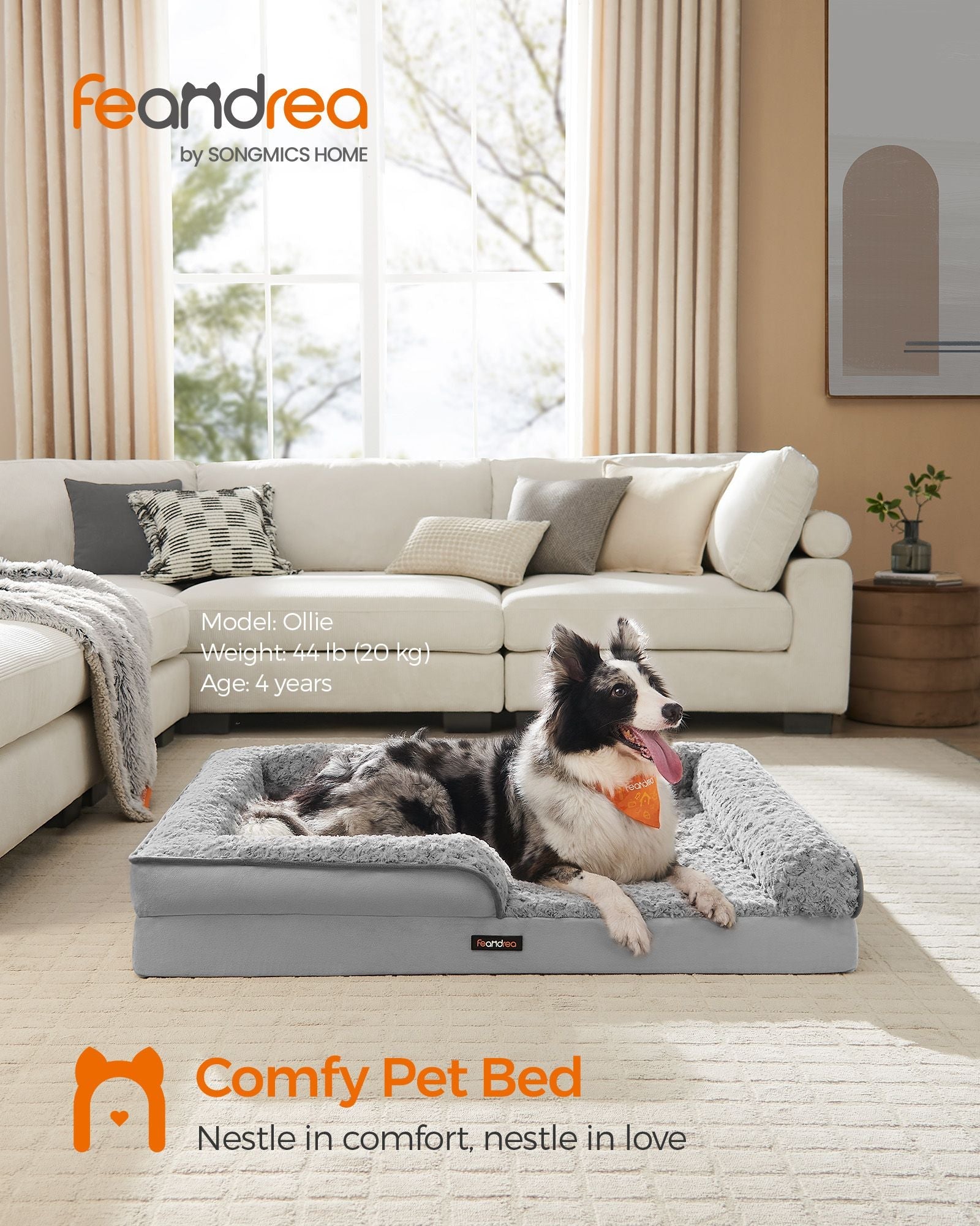 Orthopedic Dog Bed – Memory Foam – Dove Grey – Removable Washable Cover with Sides