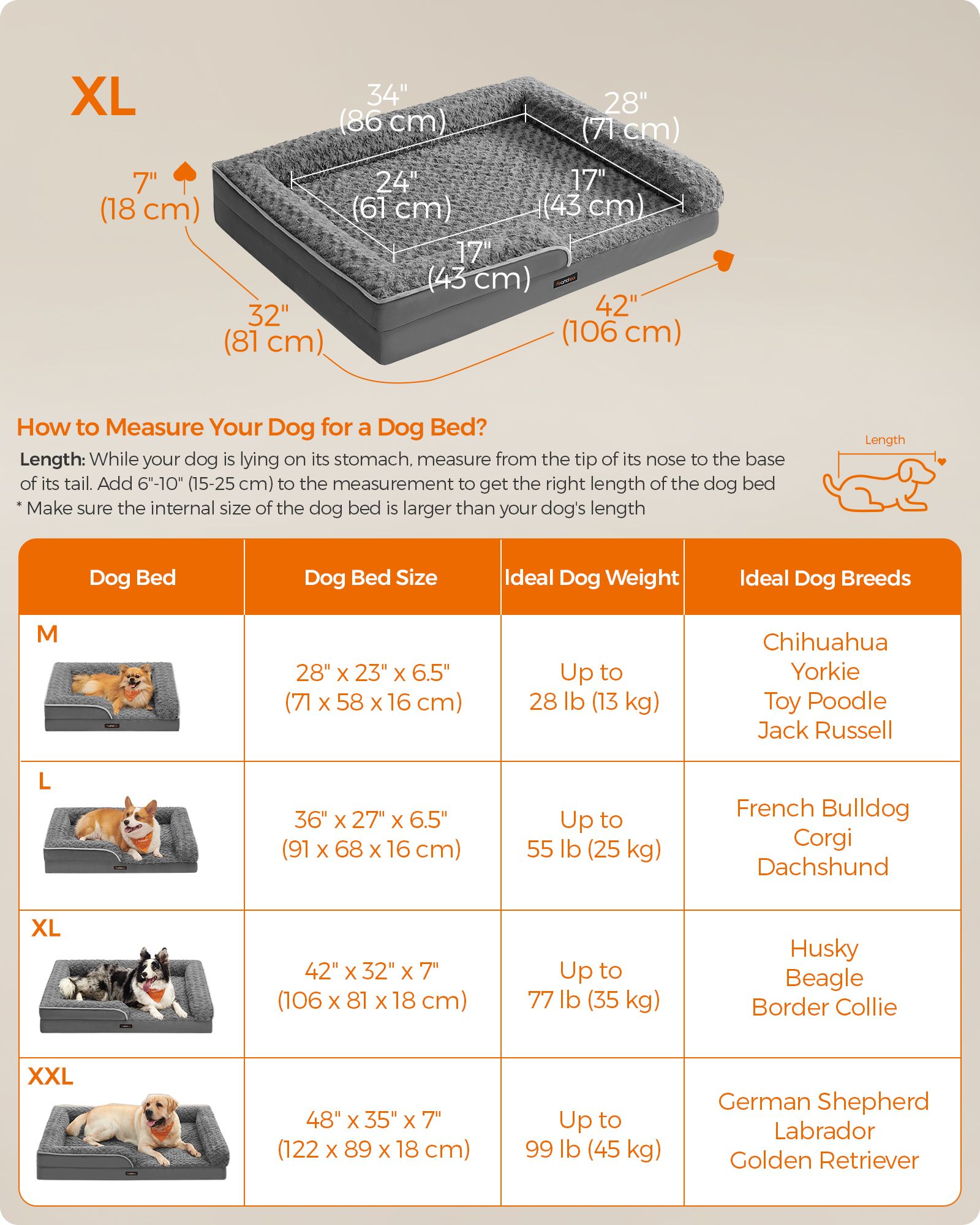 Orthopedic Dog Bed – Memory Foam – Slate Grey – Removable Washable Cover, Waterproof Liner