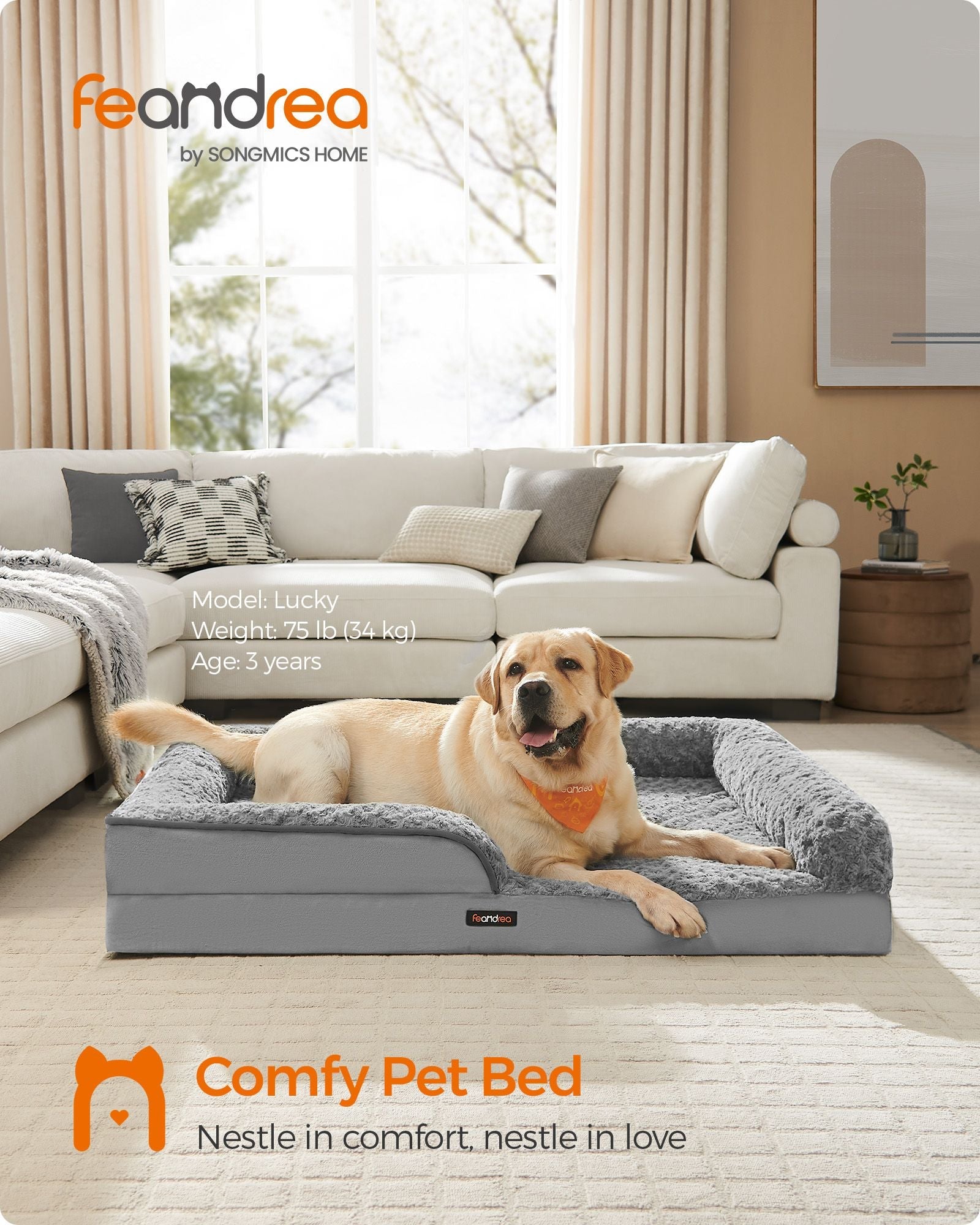 Orthopedic Dog Bed – Memory Foam – Dove Grey – Removable Washable Cover and Waterproof Liner