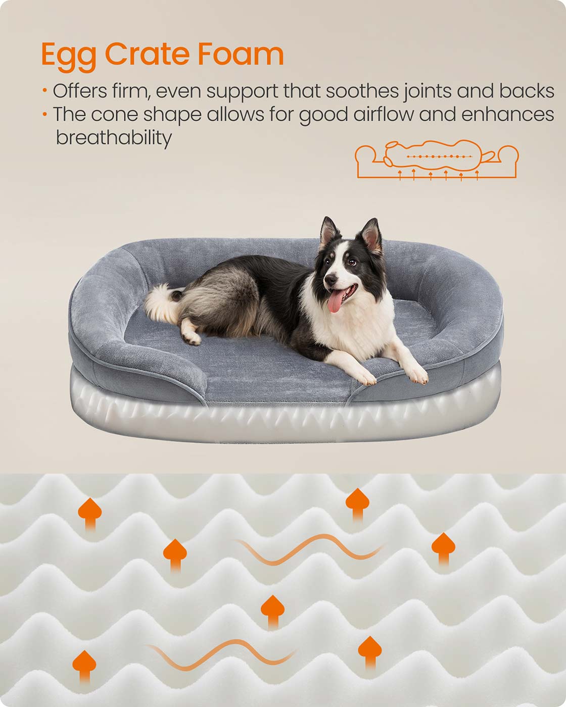 Orthopaedic Dog Sofa – Egg Crate Foam – Light Grey – Removable Cover and Non-Slip Design