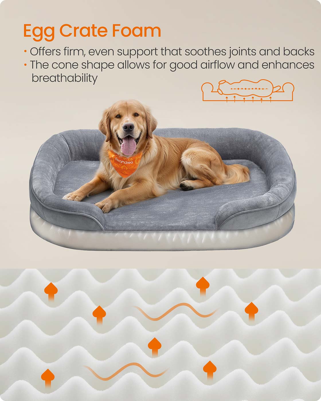 Orthopaedic Dog Sofa – Egg Crate Foam – Light Grey – Waterproof, Removable Cover, Non-Slip