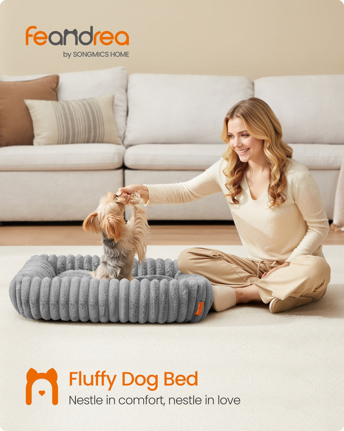 Medium Dog Sofa Bed – Fabric – Dove Grey – Soft Padding, Washable, 71 x 55 x 18 cm