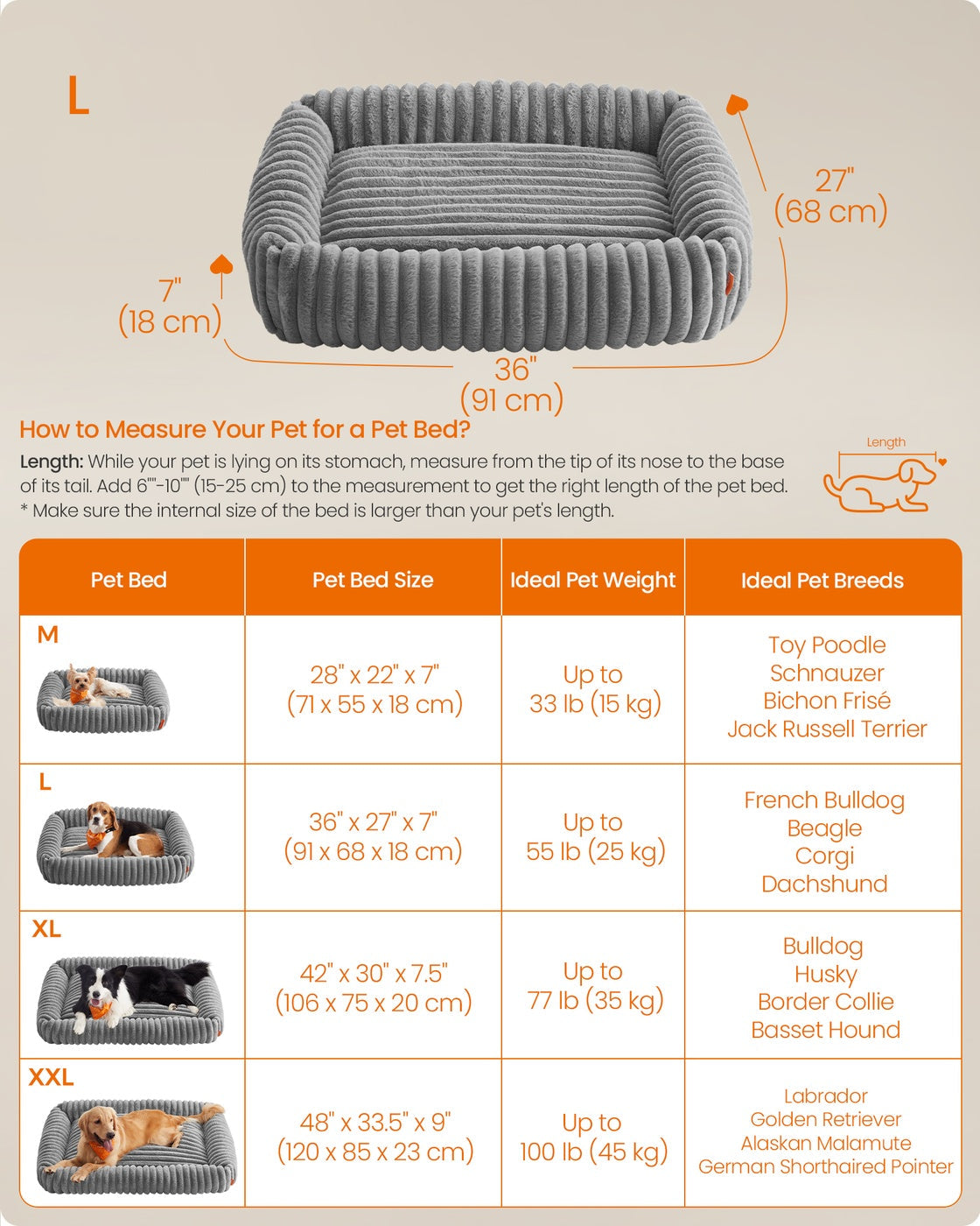 Large Dog Sofa Bed – Soft Padding – Dove Grey – Washable 91 x 68 x 18 cm