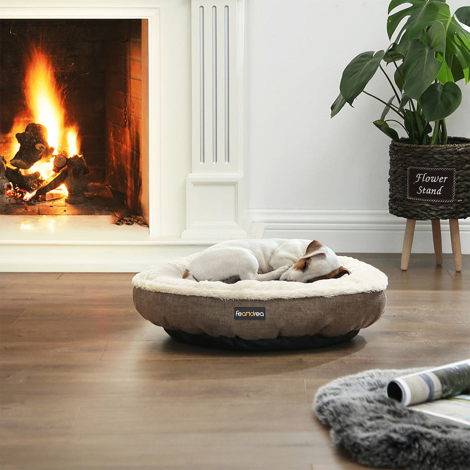 Donut Dog Bed – Fabric – Dark Grey – Non-Slip Bottom, 55 cm Diameter