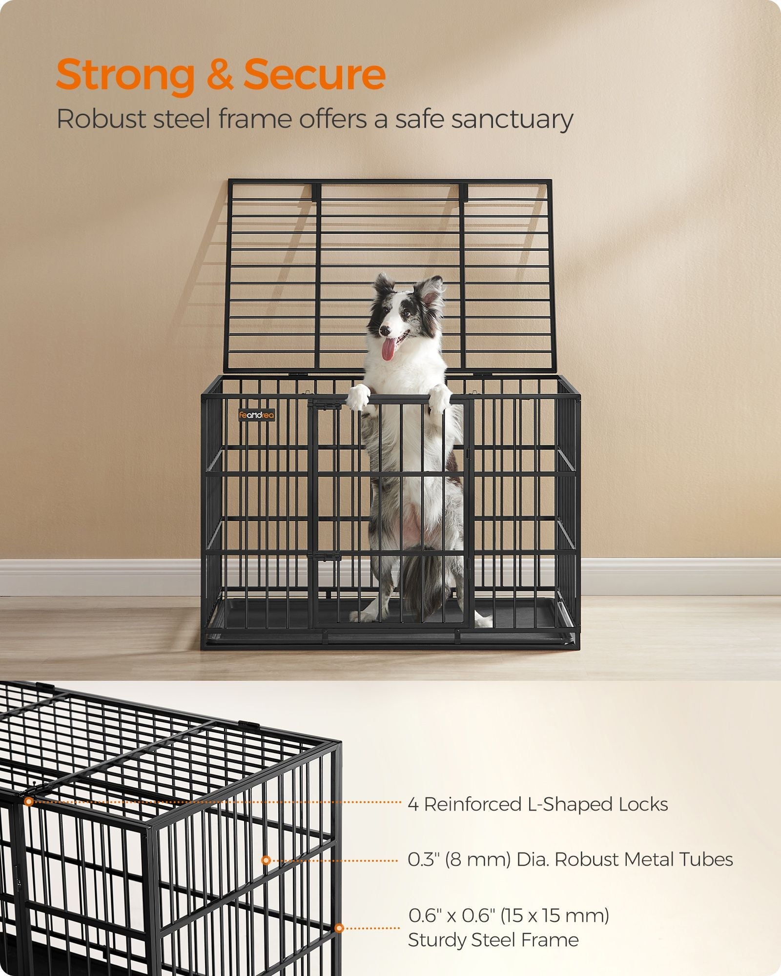 Heavy-Duty Dog Crate – Metal – Ink Black – Removable Top Door and Tray, Double Doors, Easy Cleaning